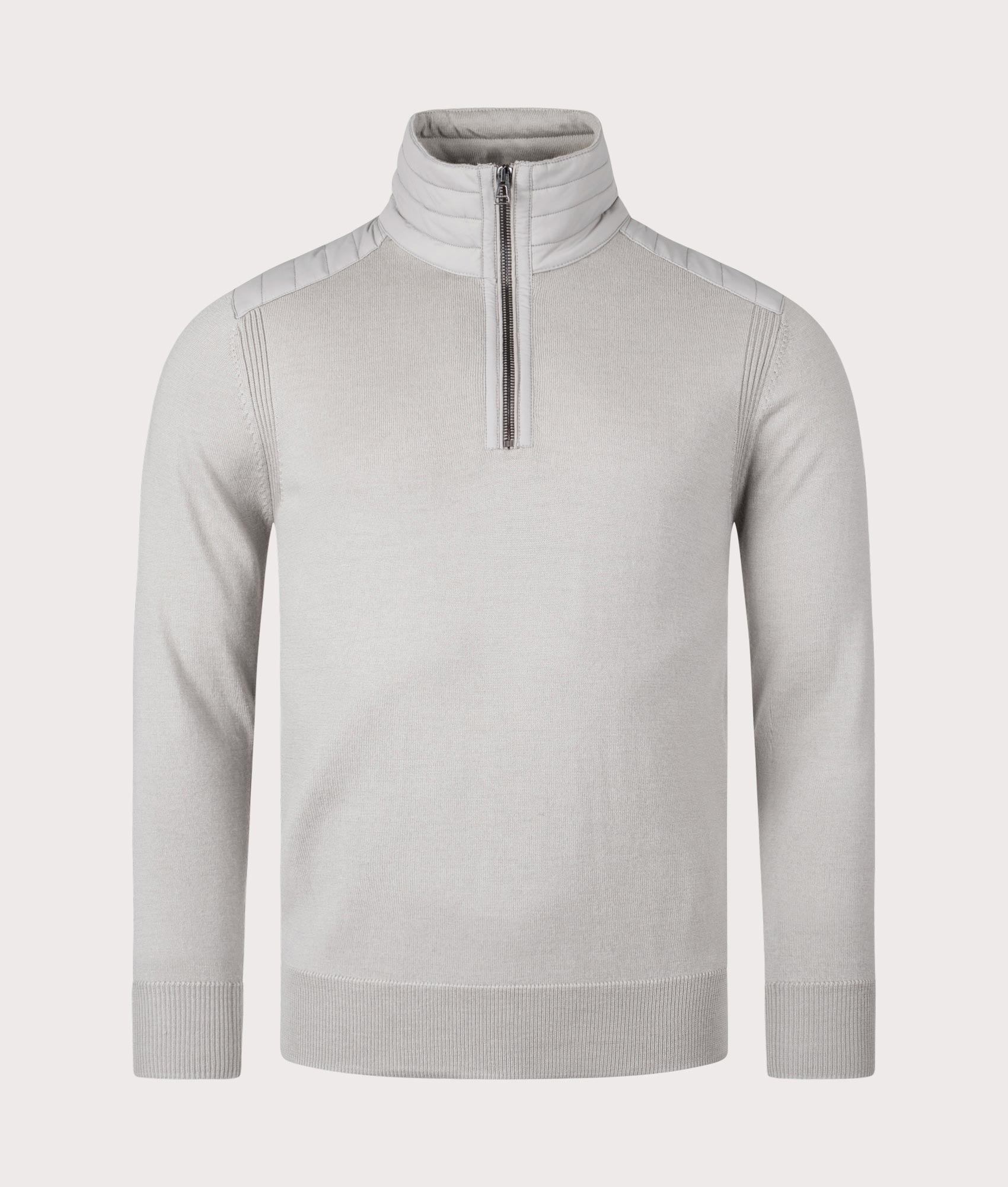 Belstaff Kilmington Quarter Zip Jumper in Chrome Grey. Front angle shot at EQVVS.