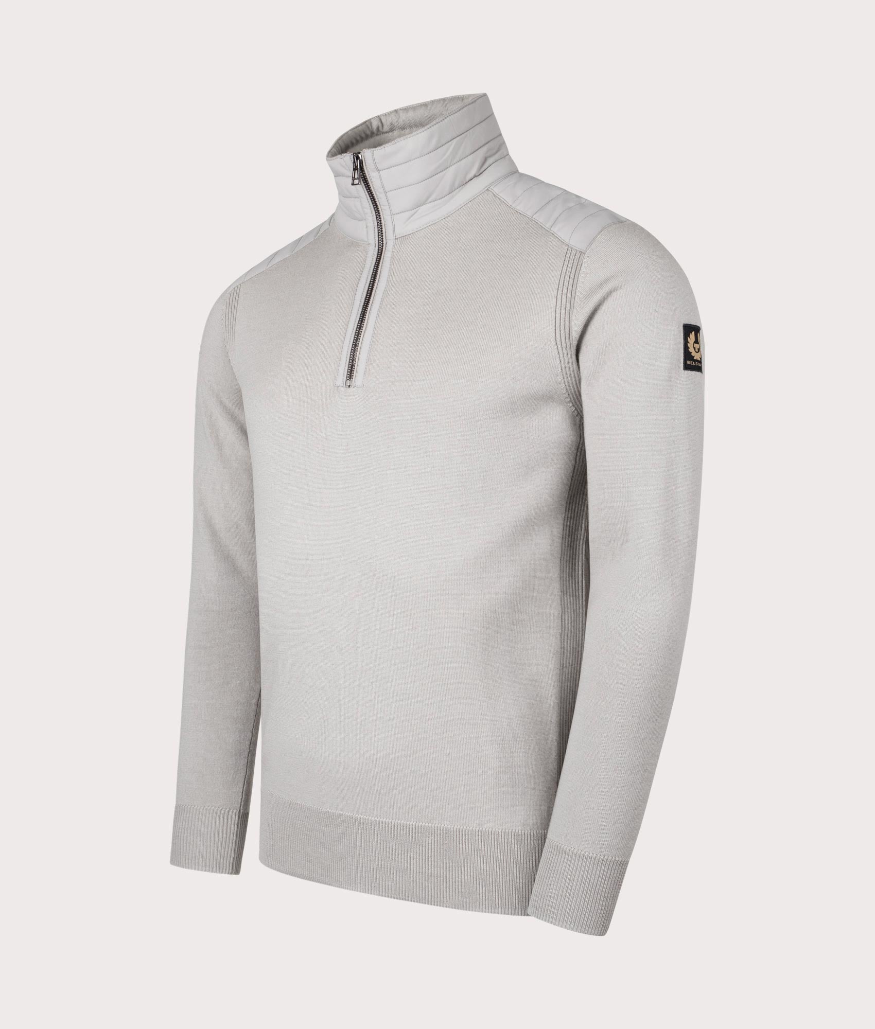 Belstaff Kilmington Quarter Zip Jumper in Chrome Grey. Side angle shot at EQVVS.