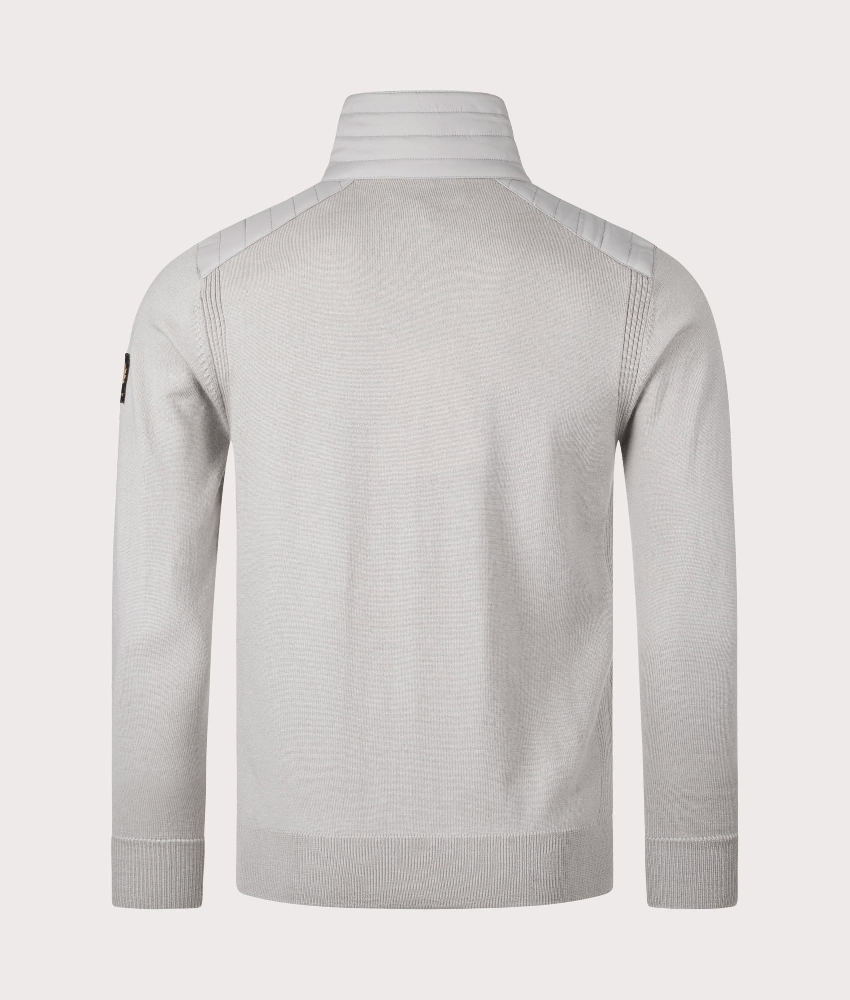 Belstaff Kilmington Quarter Zip Jumper in Chrome Grey. Back angle shot at EQVVS.