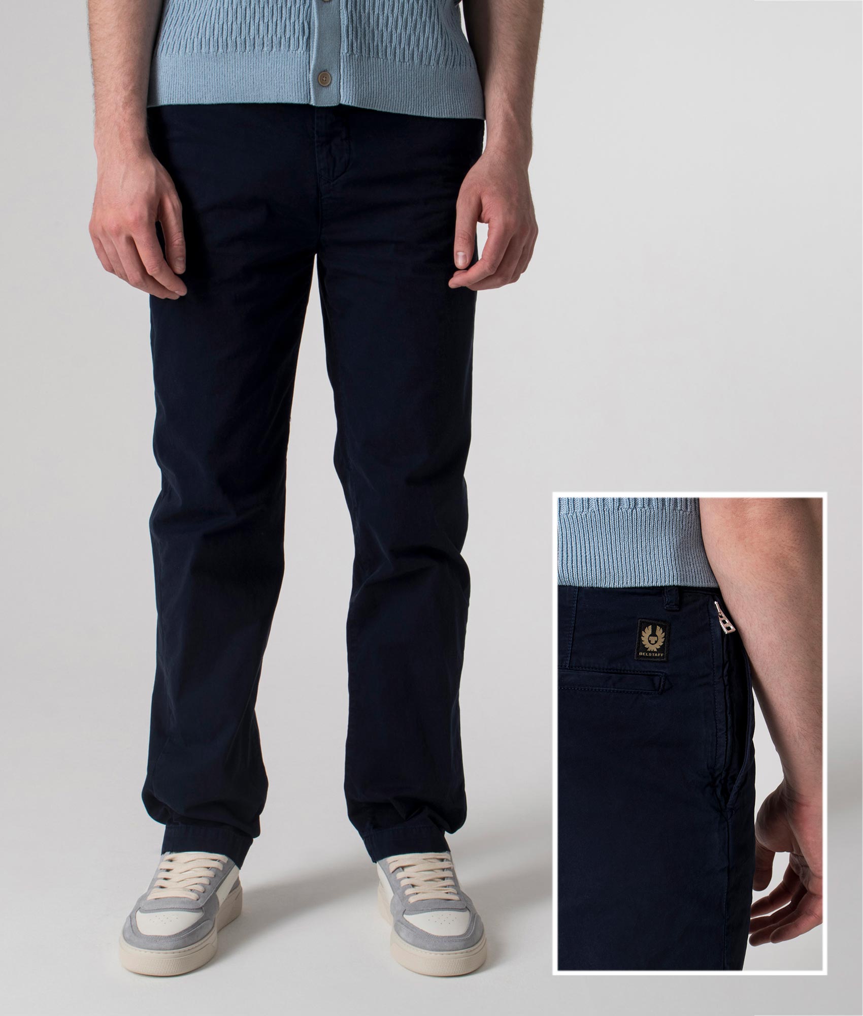 Belstaff Rally Trousers in Dark Ink at EQVVS. Front and Detail Shot.
