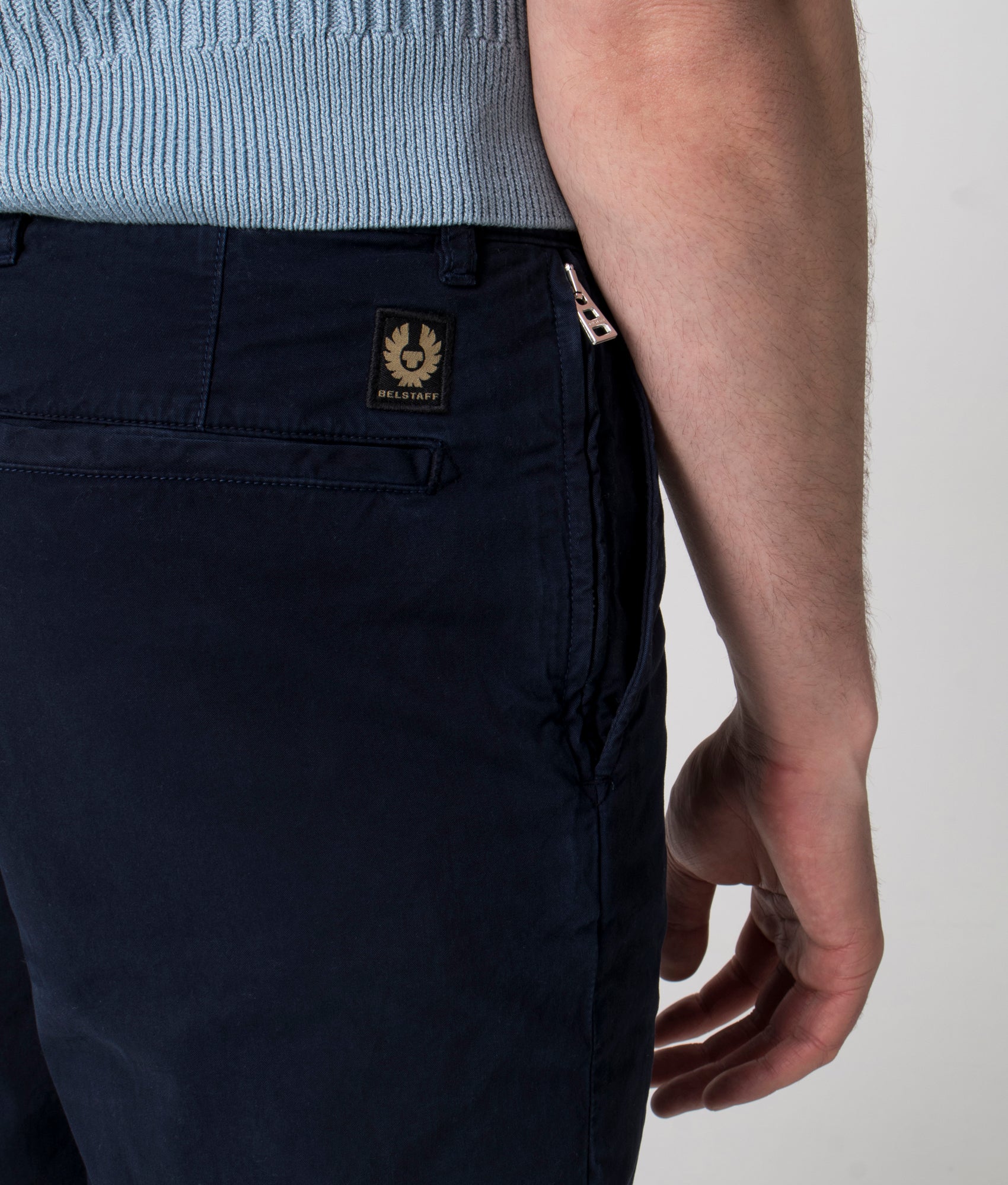 Belstaff Rally Trousers in Dark Ink at EQVVS. Detail Shot.