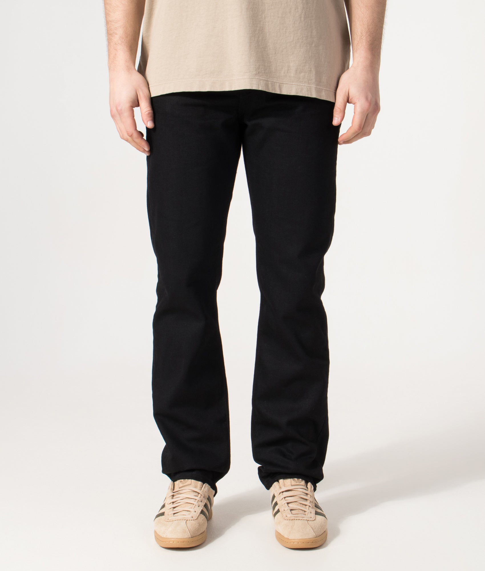 Belstaff Regular Fit Longton Jeans in Black at EQVVS Menswear. Model front shot. 