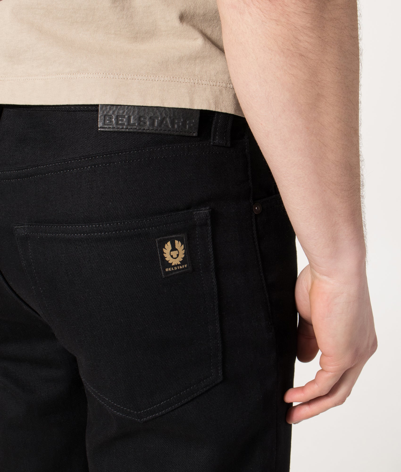 Belstaff Regular Fit Longton Jeans in Black at EQVVS Menswear. Back detail shot.