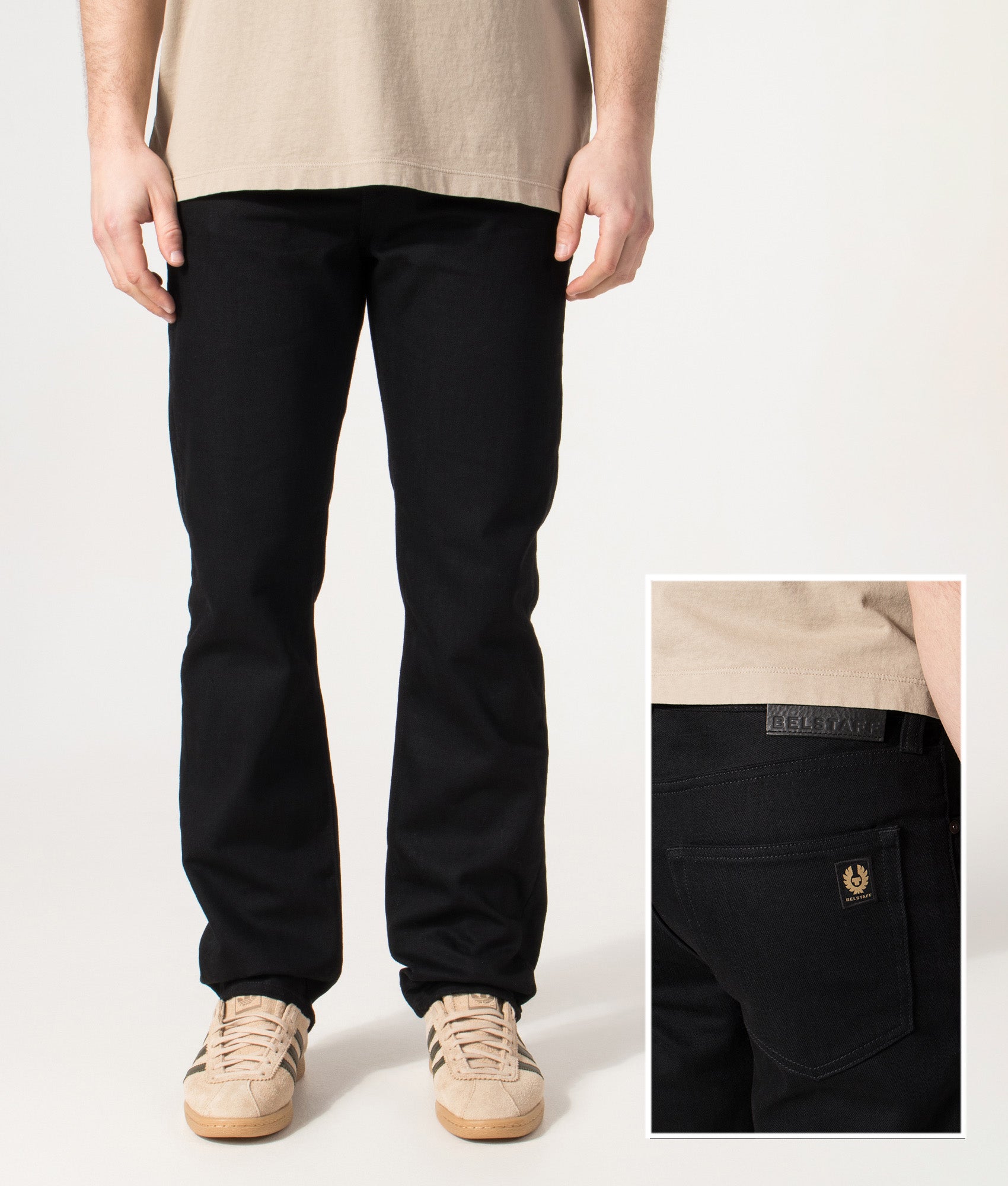 Belstaff Regular Fit Longton Jeans in Black at EQVVS Menswear. Front and back detail shot. 