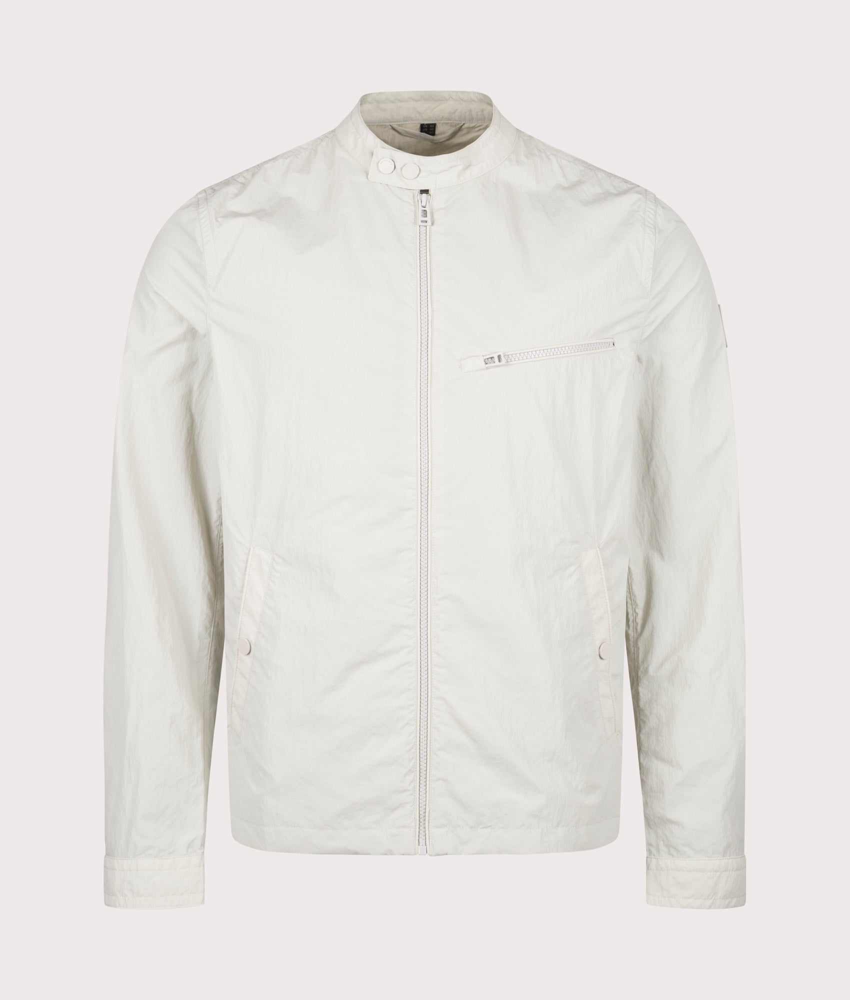 Belstaff Walkham Jacket in Stone Beige at EQVVS. Front shot. 