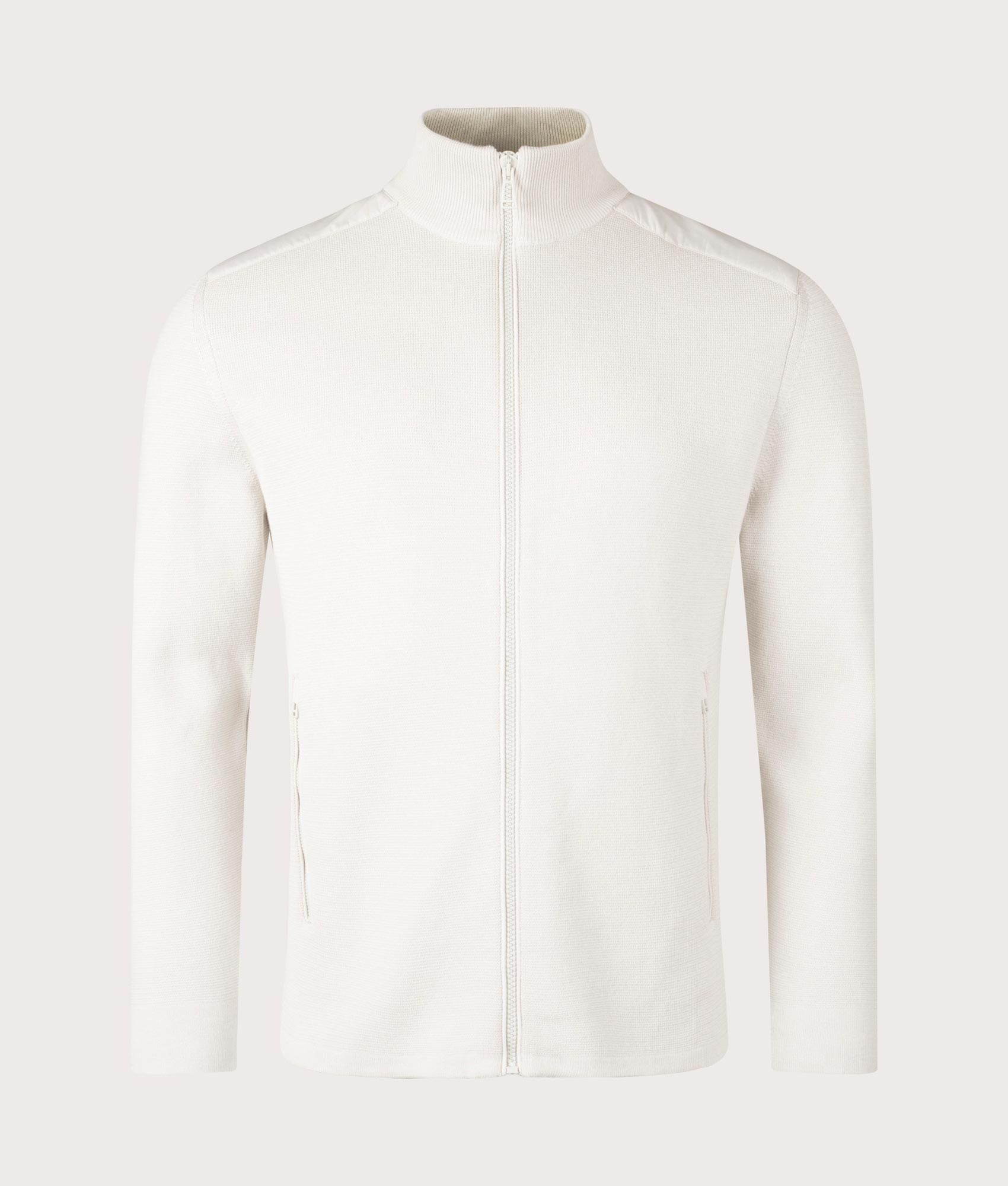 Belstaff Vertex Zip Cardigan in Stone Beige, 100% Cotton Body. At EQVVS Menswear. Front shot