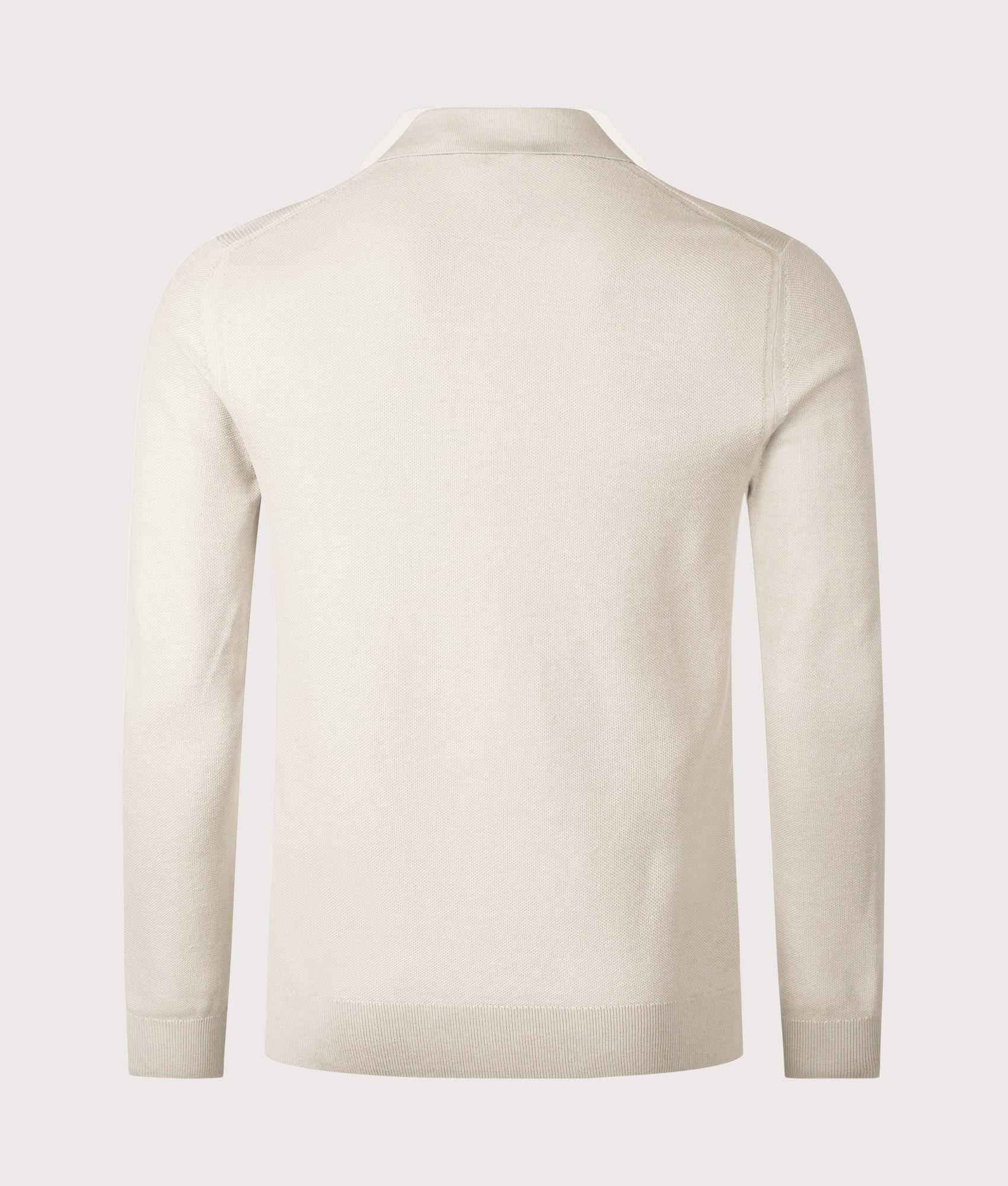 Belstaff Drift Knitted Long Sleeve Polo Shirt in Stone Beige. Shot at EQVVS. Back shot. 