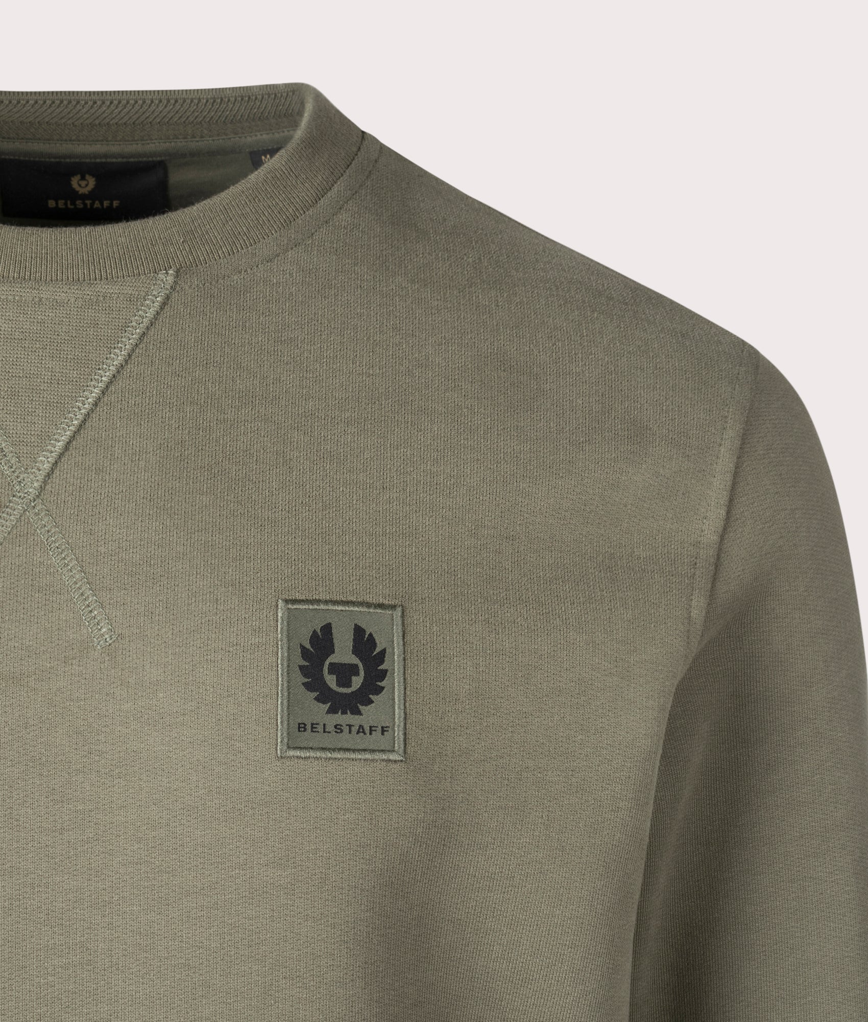 Belstaff Sweatshirt in Surplus Green, 100% Cotton. At EQVVS Menswear. Front logo shot 