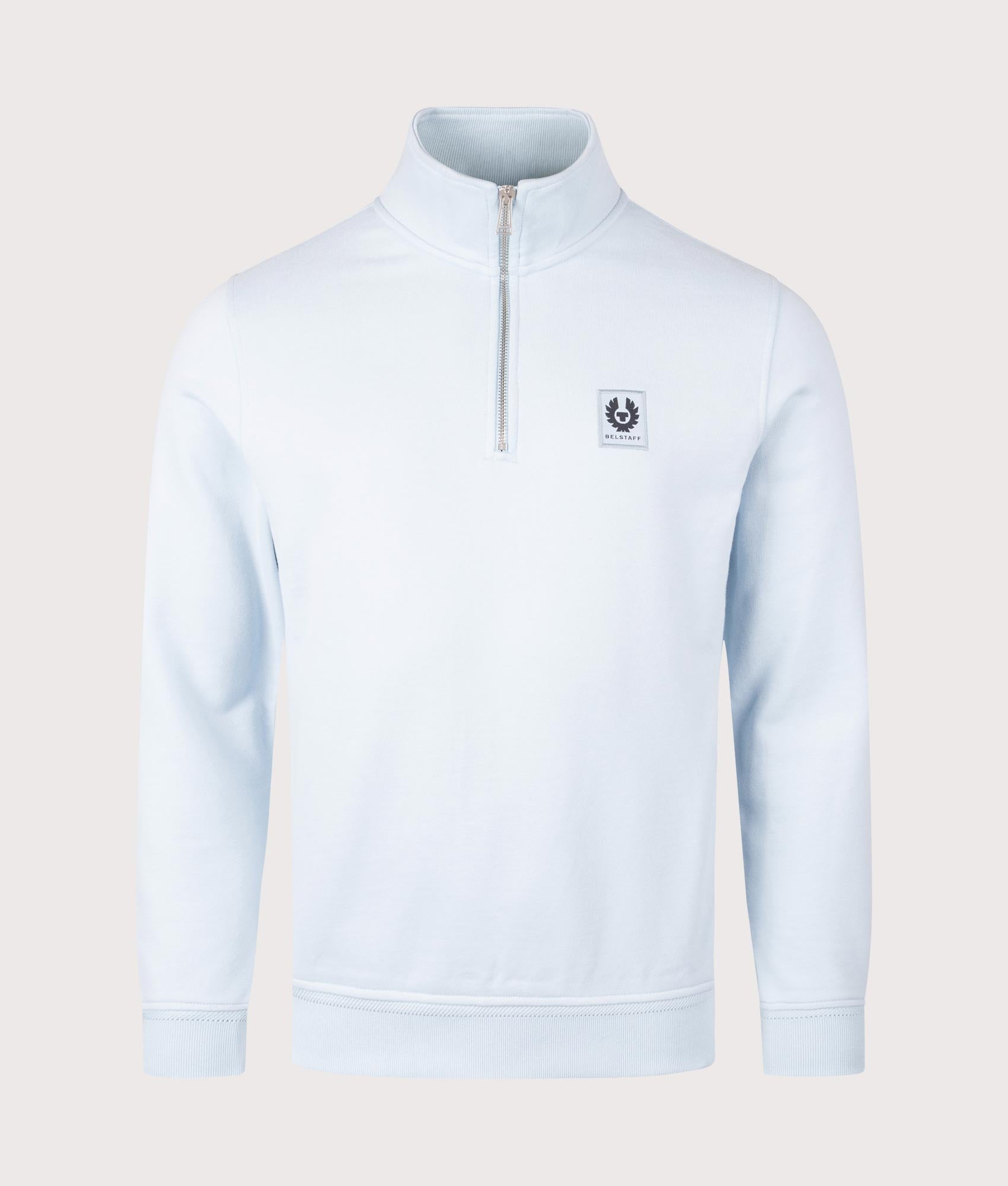 Belstaff Quarter Zip Sweatshirt in Sky Blue at EQVVS Menswear. Front shot.