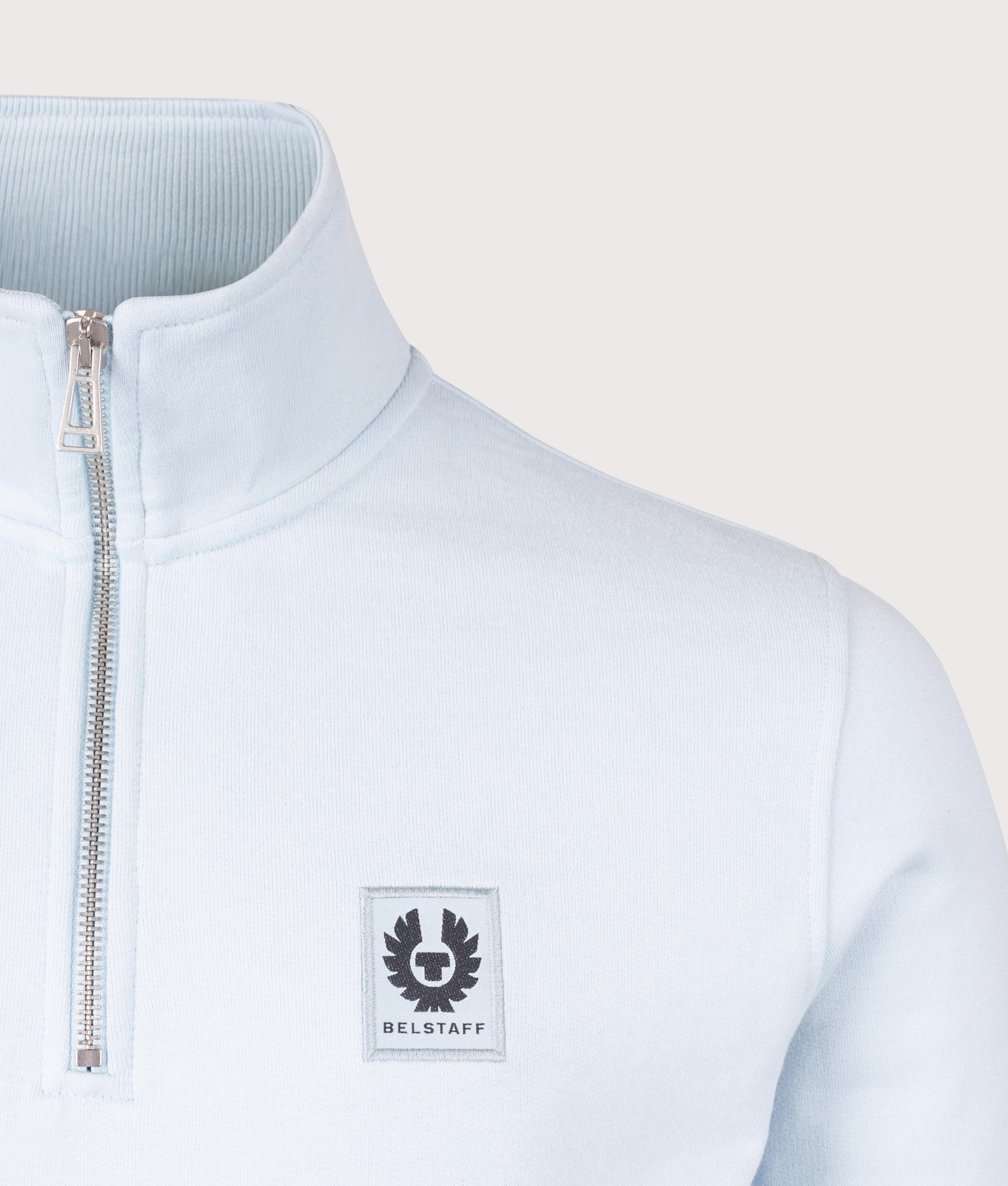 Belstaff Quarter Zip Sweatshirt in Sky Blue at EQVVS Menswear. Detail shot. 