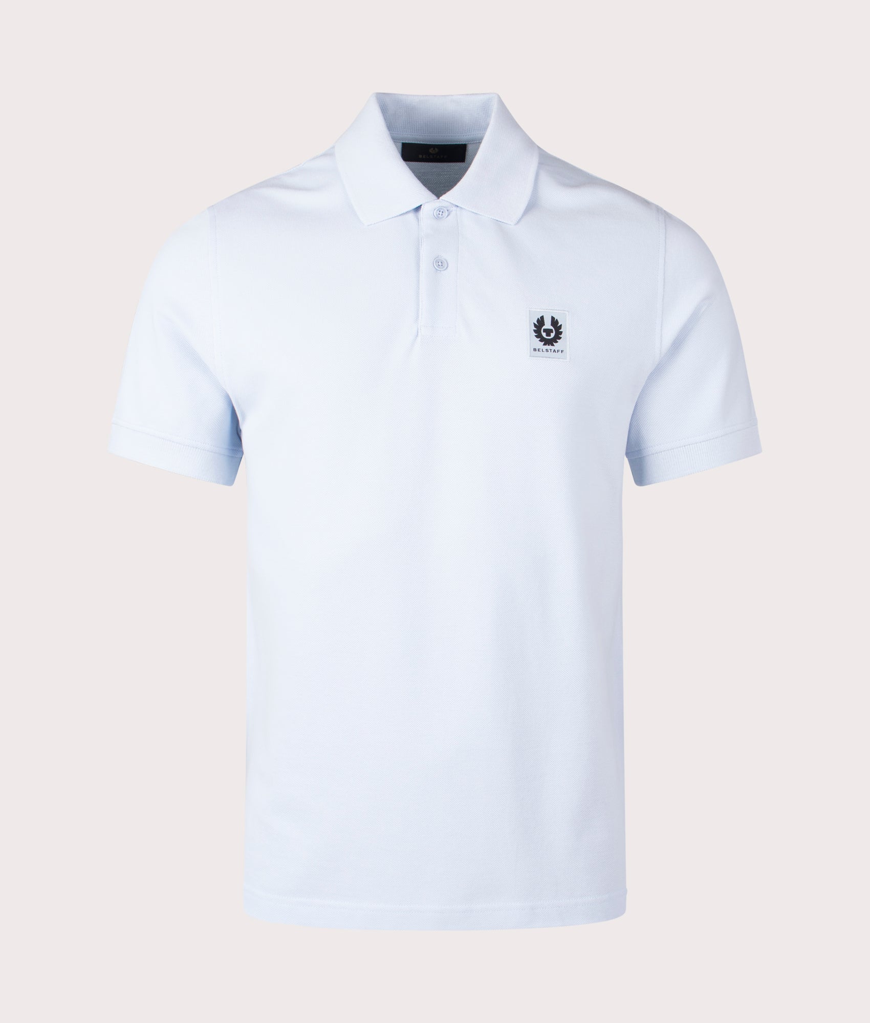 Belstaff Polo Shirt in Sky blue at EQVVS Menswear. Front detail shot. 
