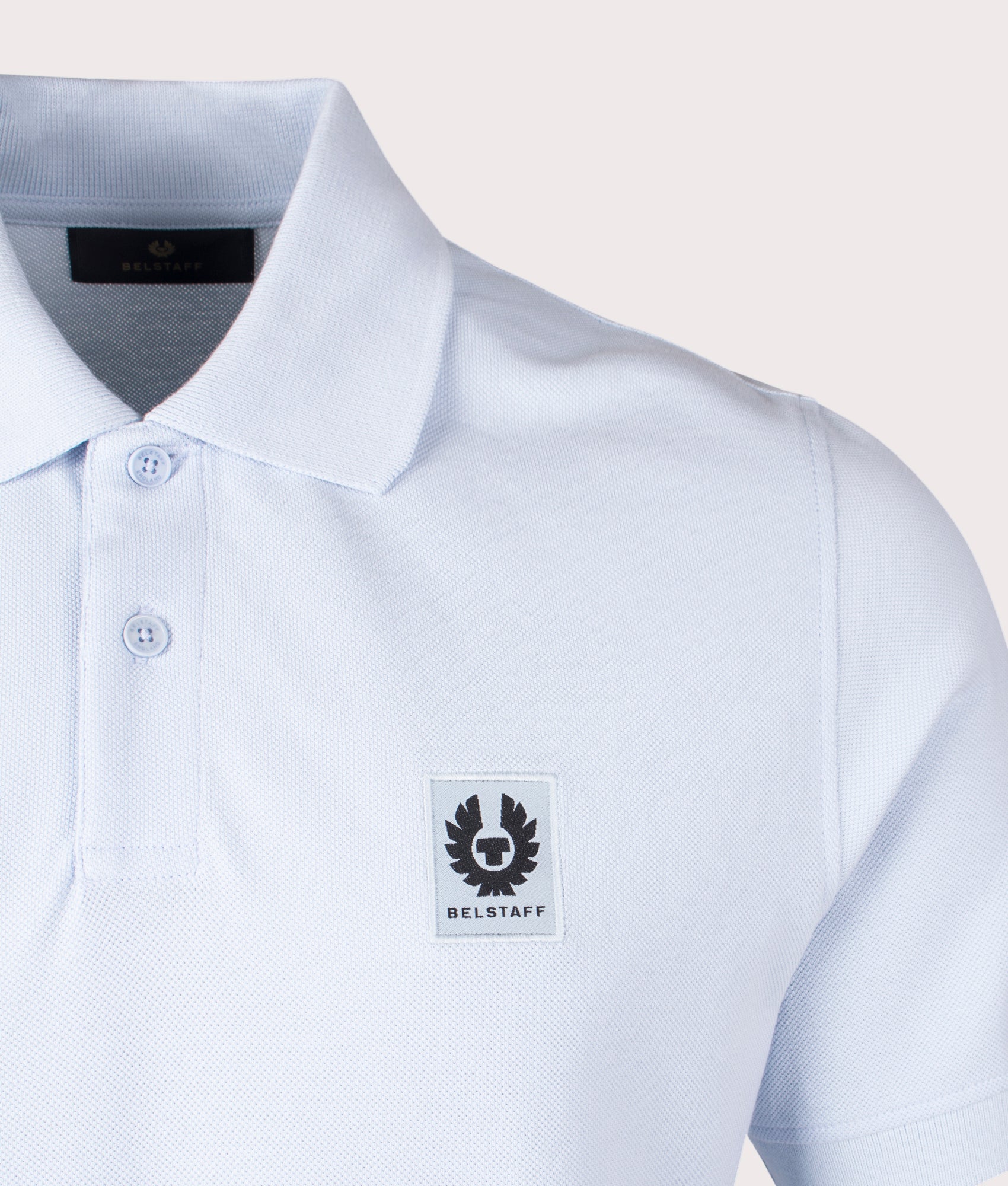 Belstaff Polo Shirt in Sky blue at EQVVS Menswear. Detail shot.