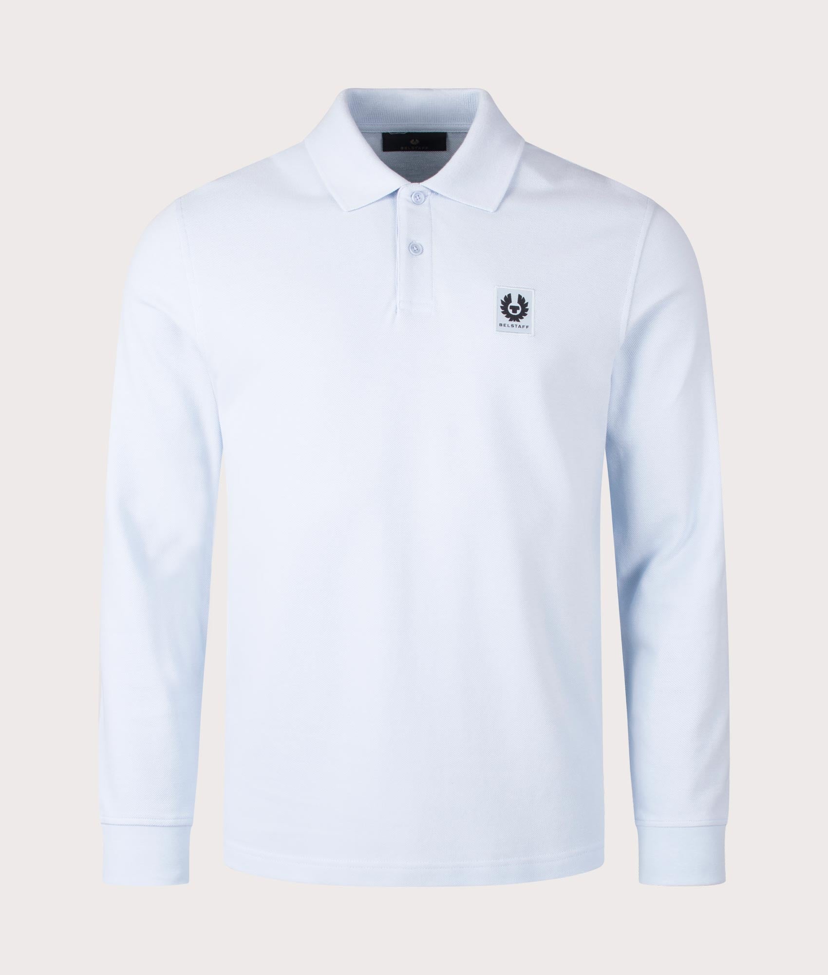 Belstaff Long Sleeved Polo Shirt in Sky Blue, 100% Cotton. At EQVVS Menswear. Front detail shot