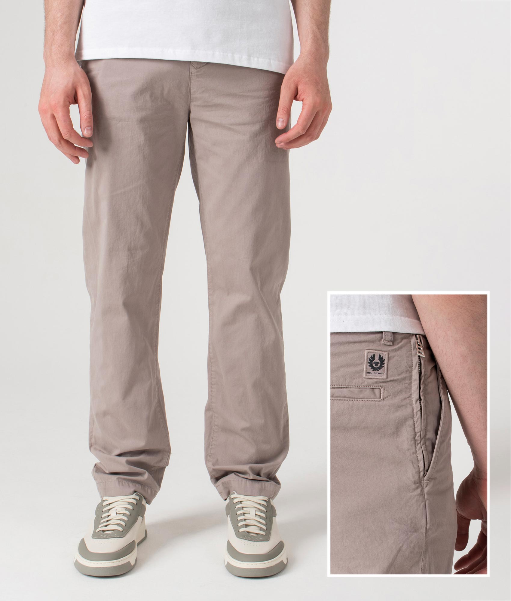 Belstaff Rally Trousers in Pumice Beige at EQVVS. Front and Detail Shot.