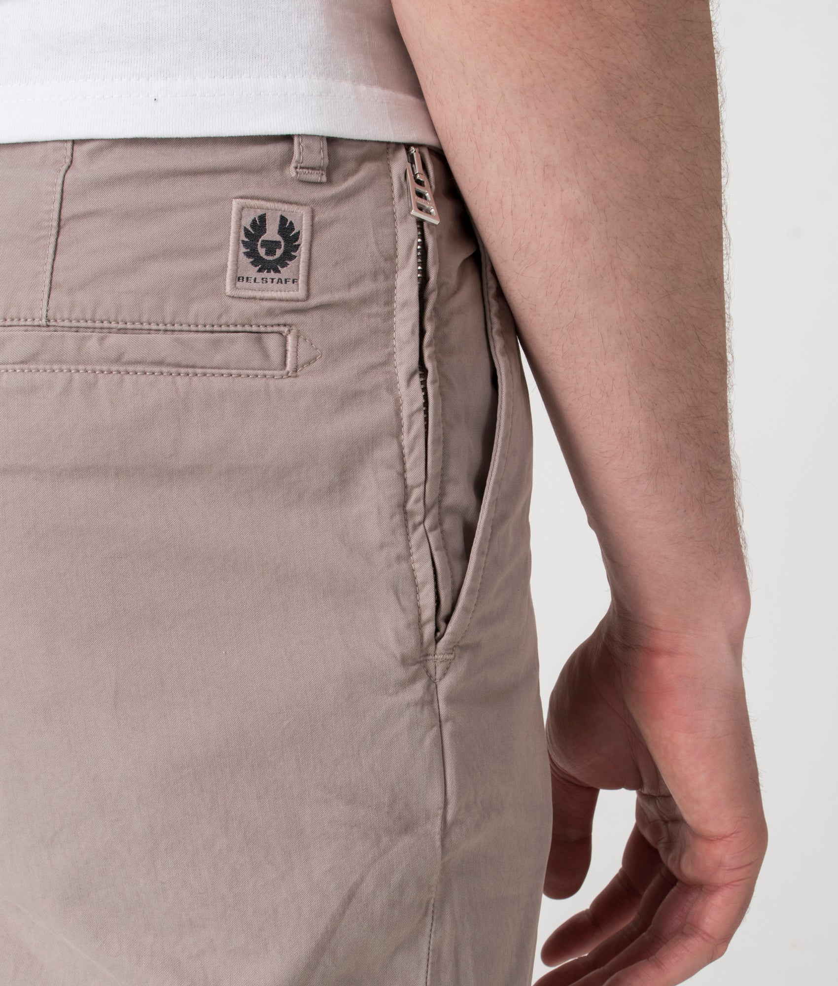 Belstaff Rally Trousers in Pumice Beige at EQVVS. Detail Shot.