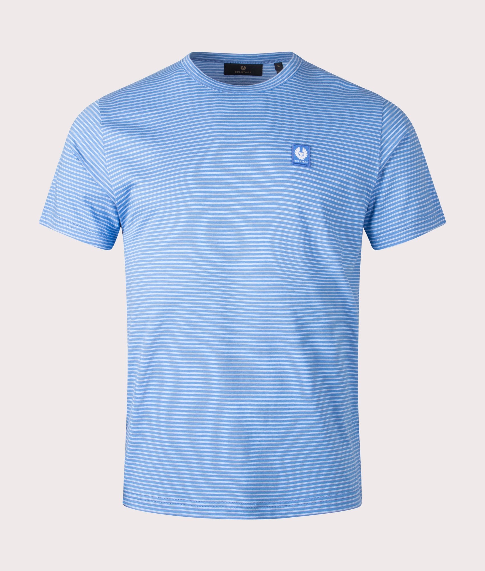 Belstaff Micro Striped T-Shirt in Hydra Blue, 100% cotton at EQVVS. Front shot. 