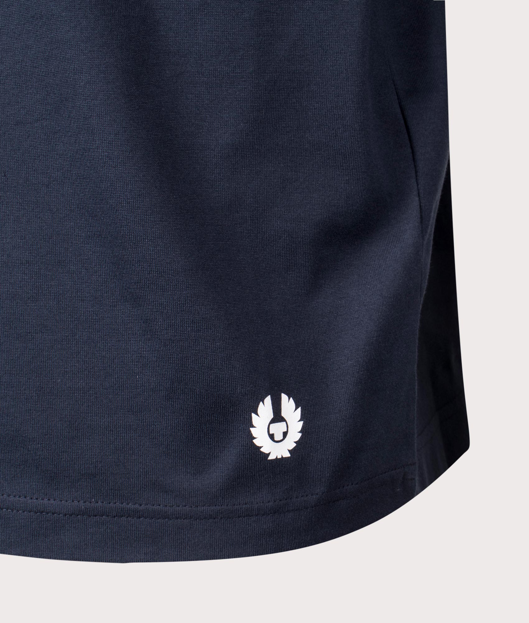 Belstaff Staple Logo T-Shirt in Dark Ink, 100% cotton at EQVVS. Detailed logo shot. 