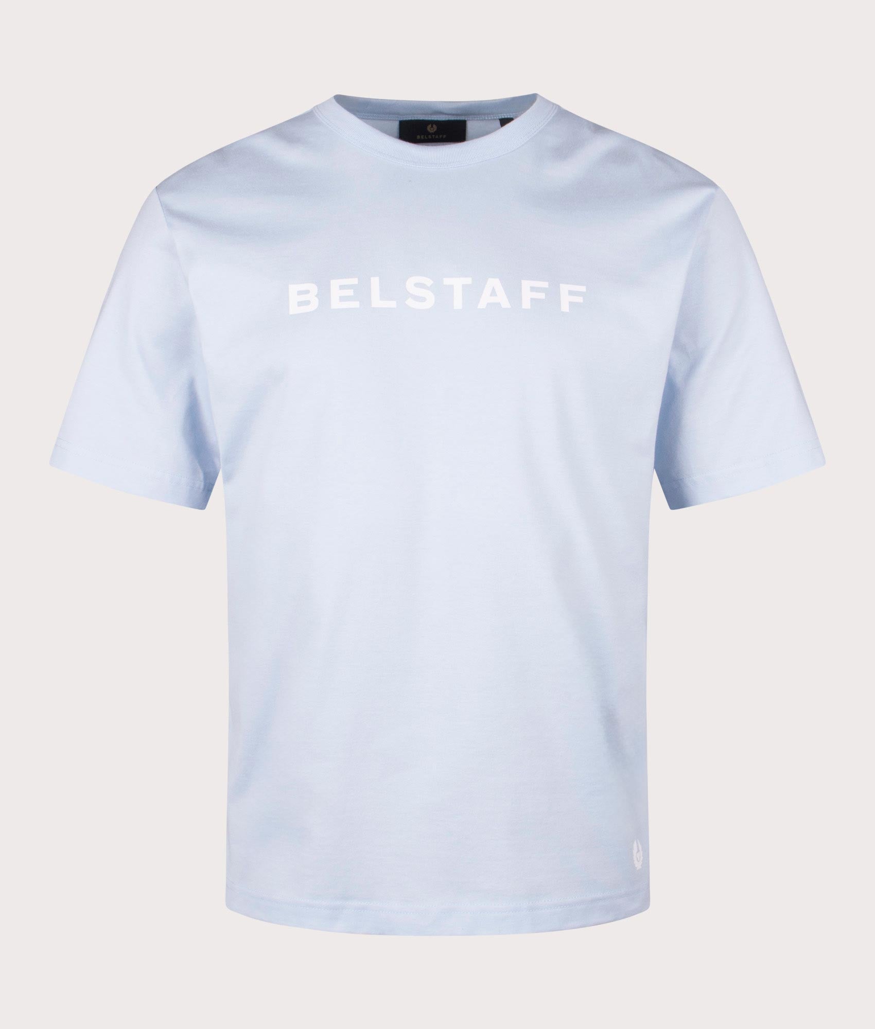 Belstaff Staple Logo T-Shirt in Sky Blue, 100% Cotton at EQVVS. Front shot. 