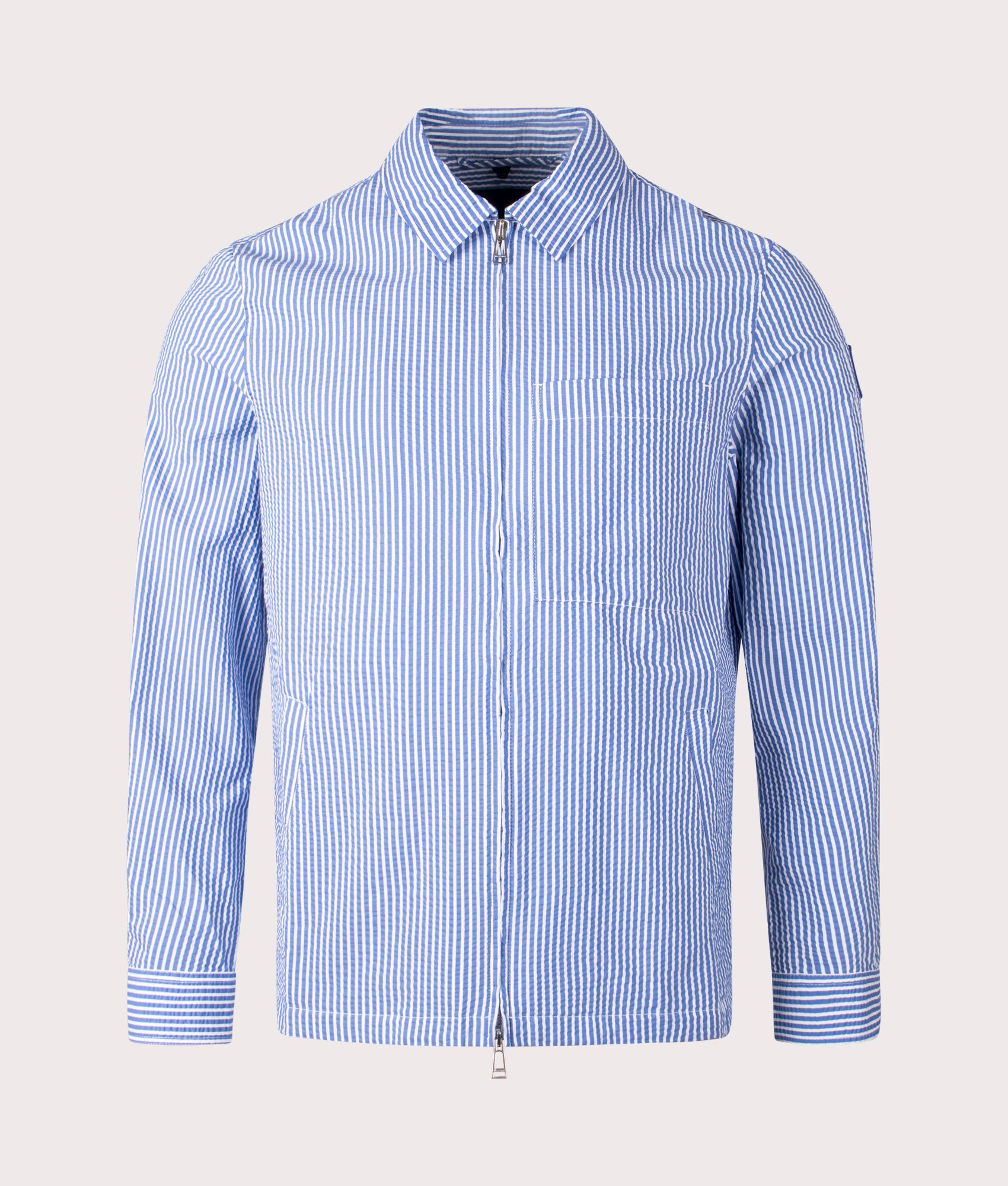 Belstaff Channel Overshirt in Hydra Blue Stripes at EQVVS. Front Shot.