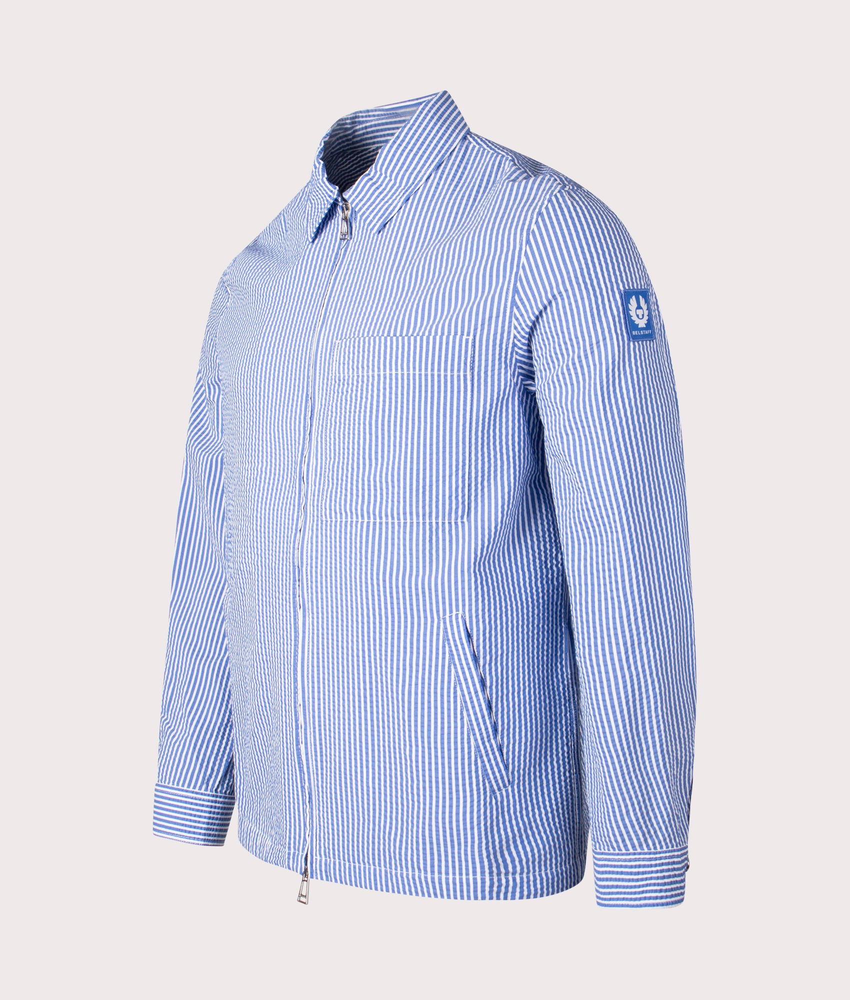 Belstaff Channel Overshirt in Hydra Blue Stripes at EQVVS. Angle Shot.