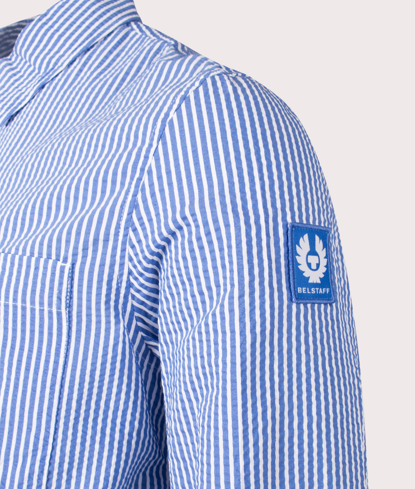 Belstaff Channel Overshirt in Hydra Blue Stripes at EQVVS. Detail Shot.
