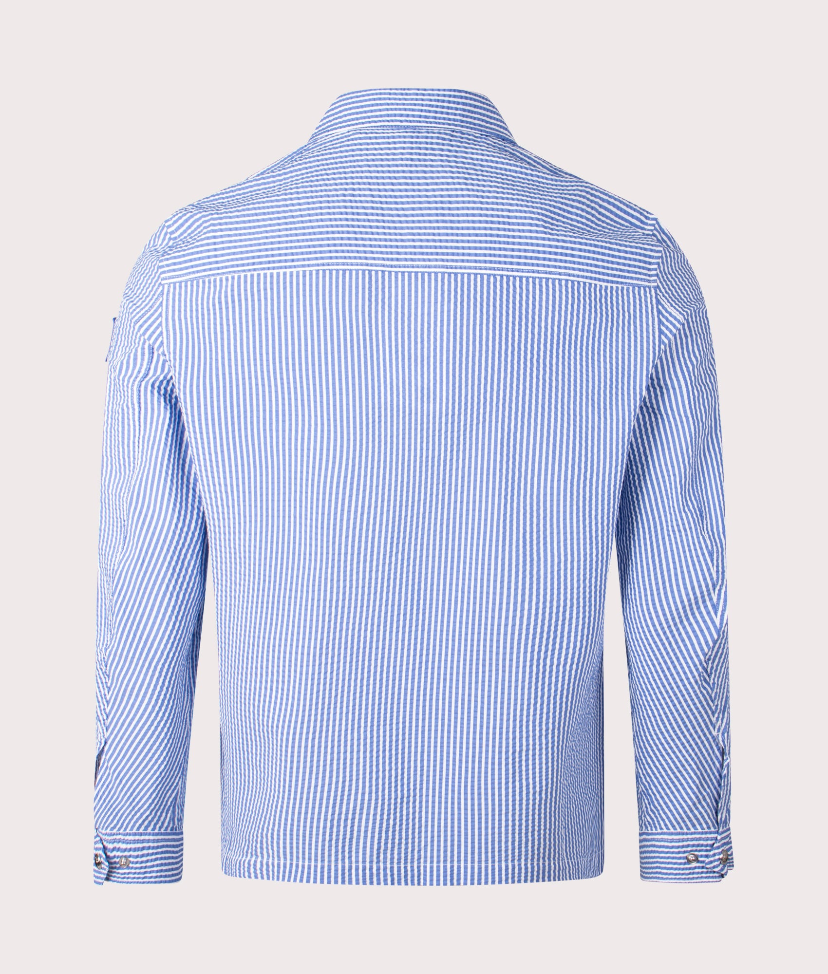 Belstaff Channel Overshirt in Hydra Blue Stripes at EQVVS. Back Shot.