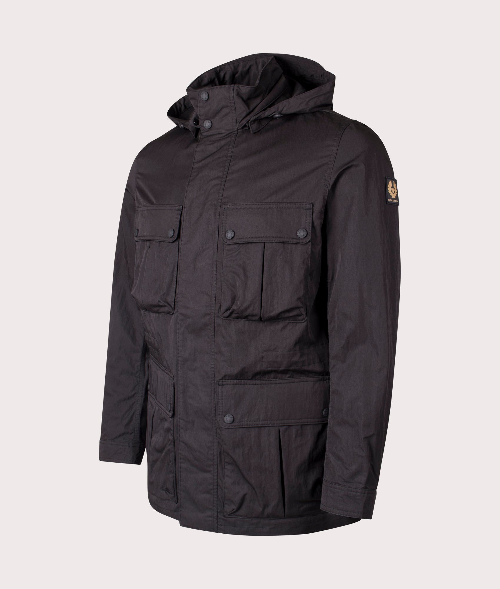Belstaff Drome Jacket in Black. At EQVVS Menswear. Front angle detail shot