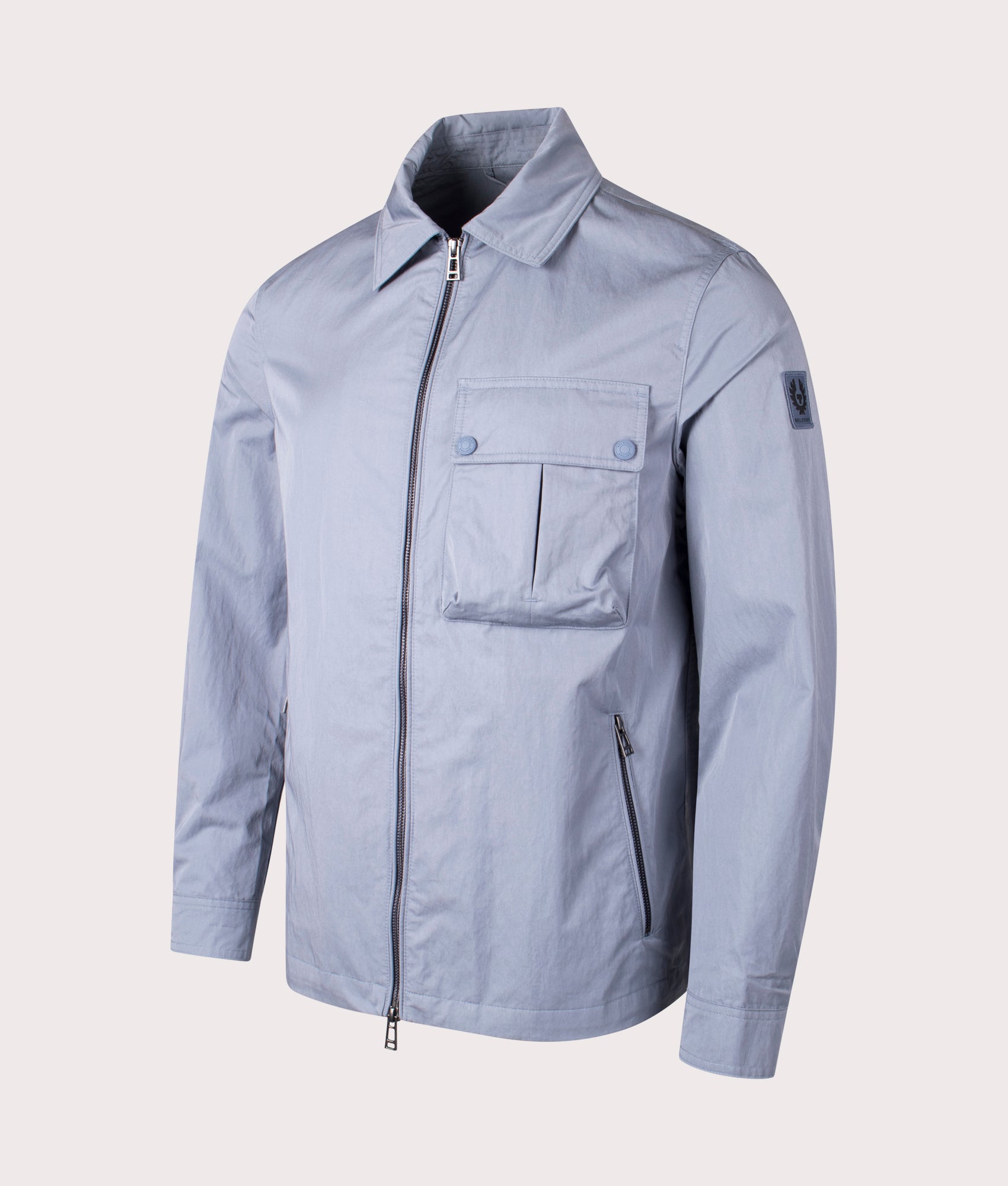 Belstaff Drome Overshirt in Blue Flint, Cotton/Nylon blend. At EQVVS Menswear. Front angle detail shot