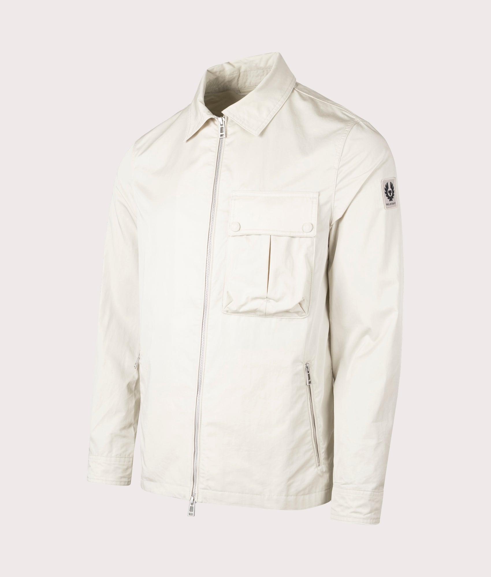 Belstaff Drome Overshirt in Stone Beige, Cotton/Nylon blend. At EQVVS Menswear. Front angle detail shot