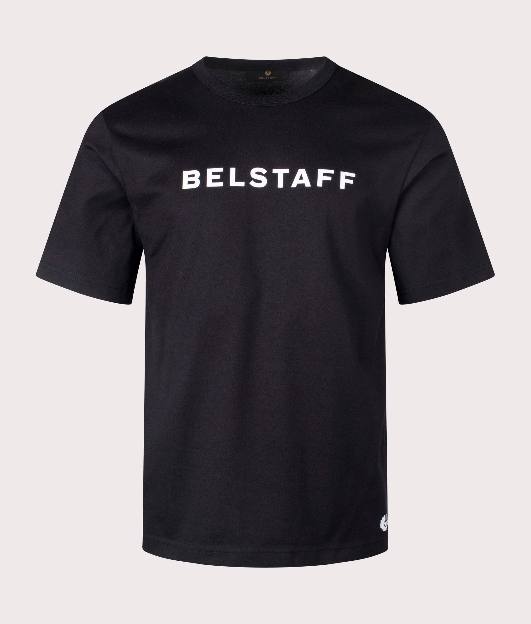 Belstaff Staple Logo T-Shirt in Black, 100% cotton at EQVVS. Front shot. 
