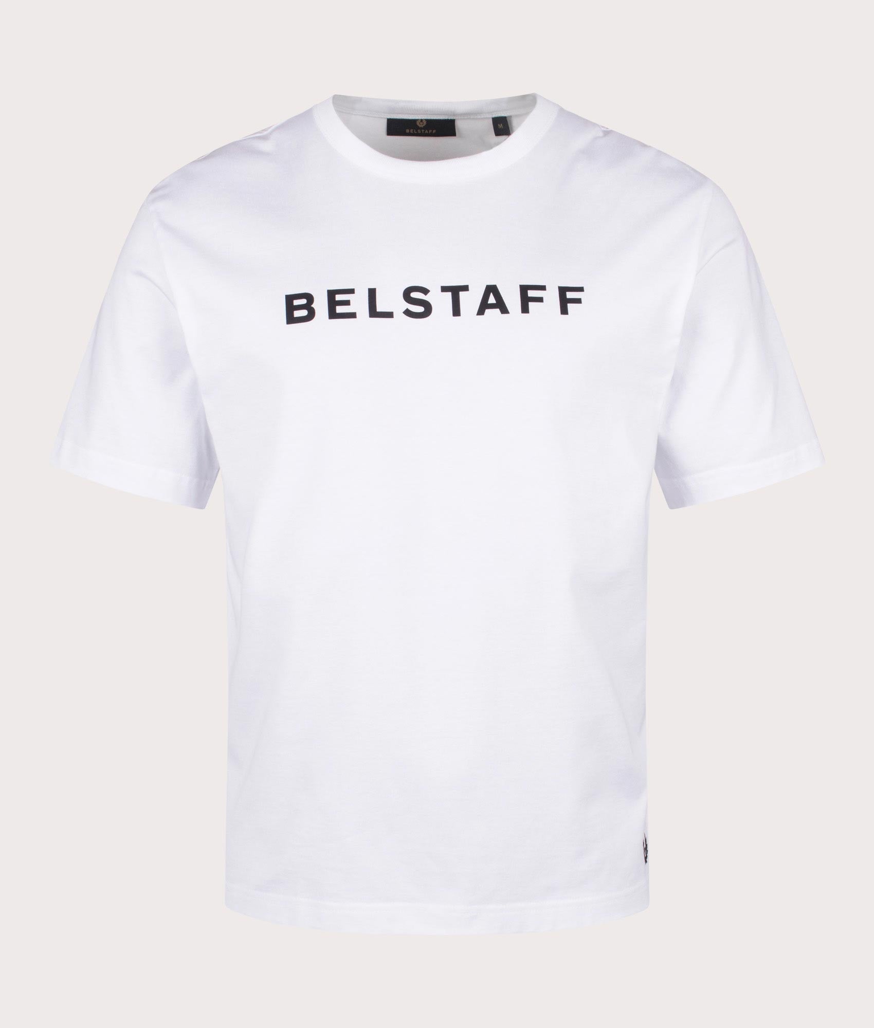 Belstaff Staple Logo T-Shirt in White, 100% Cotton at EQVVS. Front shot. 