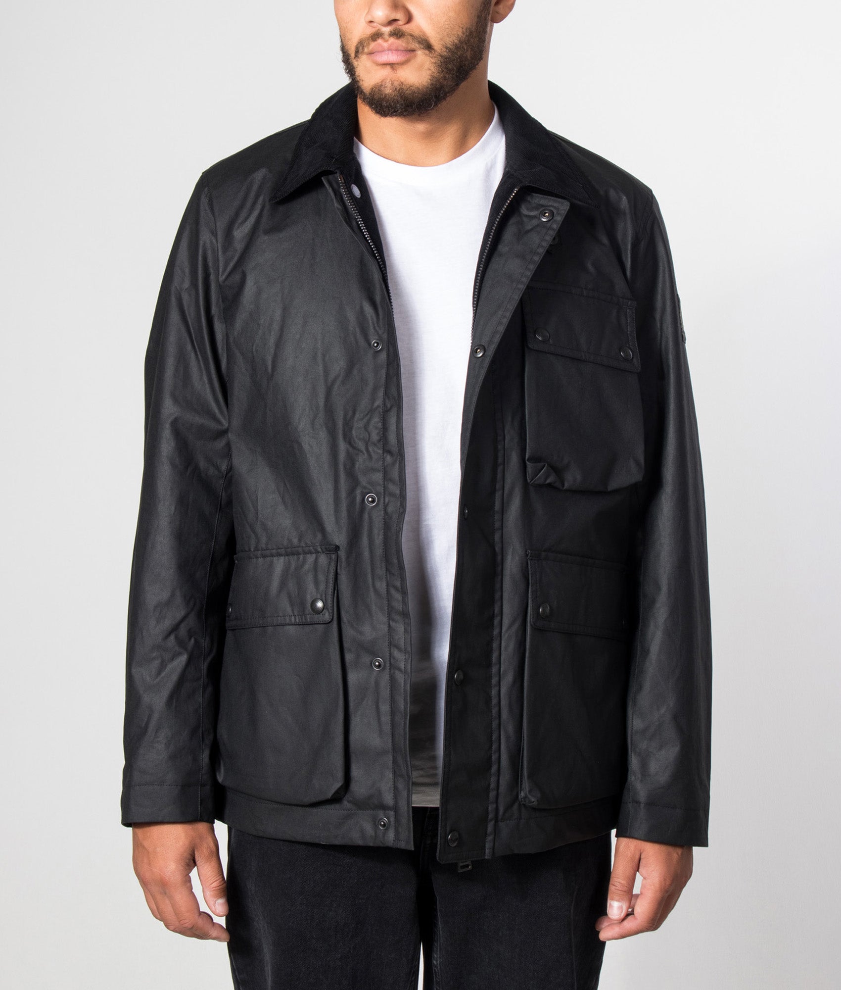 Belstaff Regular fit Incline Jacket in Black at EQVVS Menswear. Model open shot.