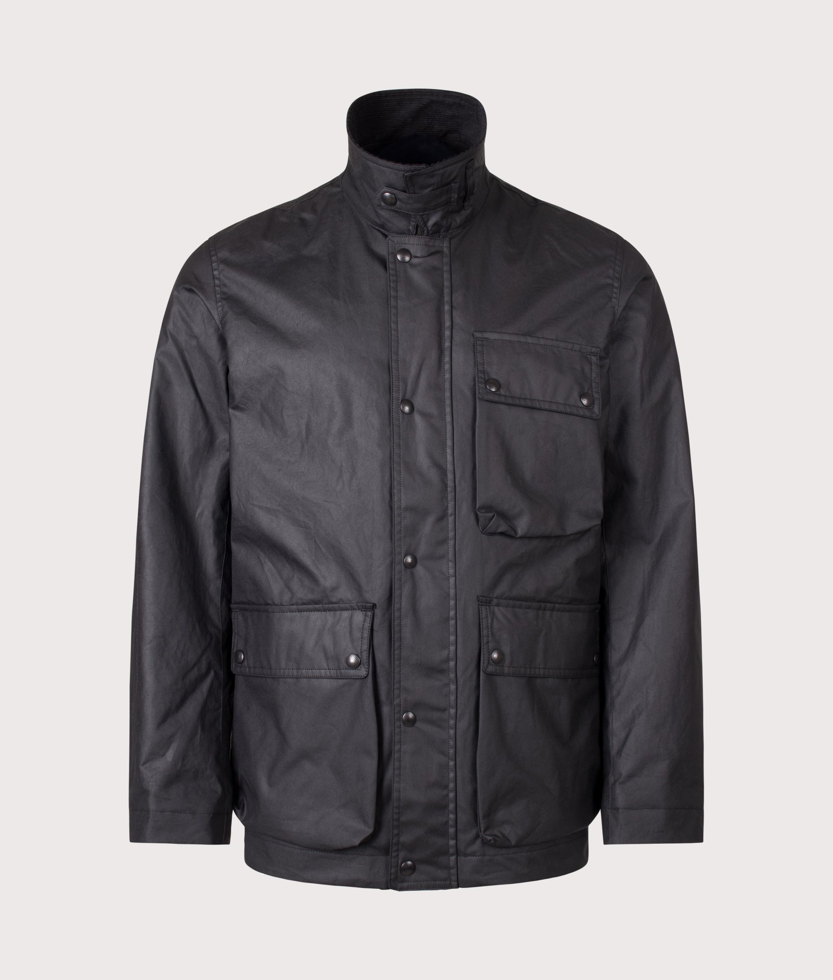 Belstaff Regular fit Incline Jacket in Black at EQVVS Menswear. Collar up shot.