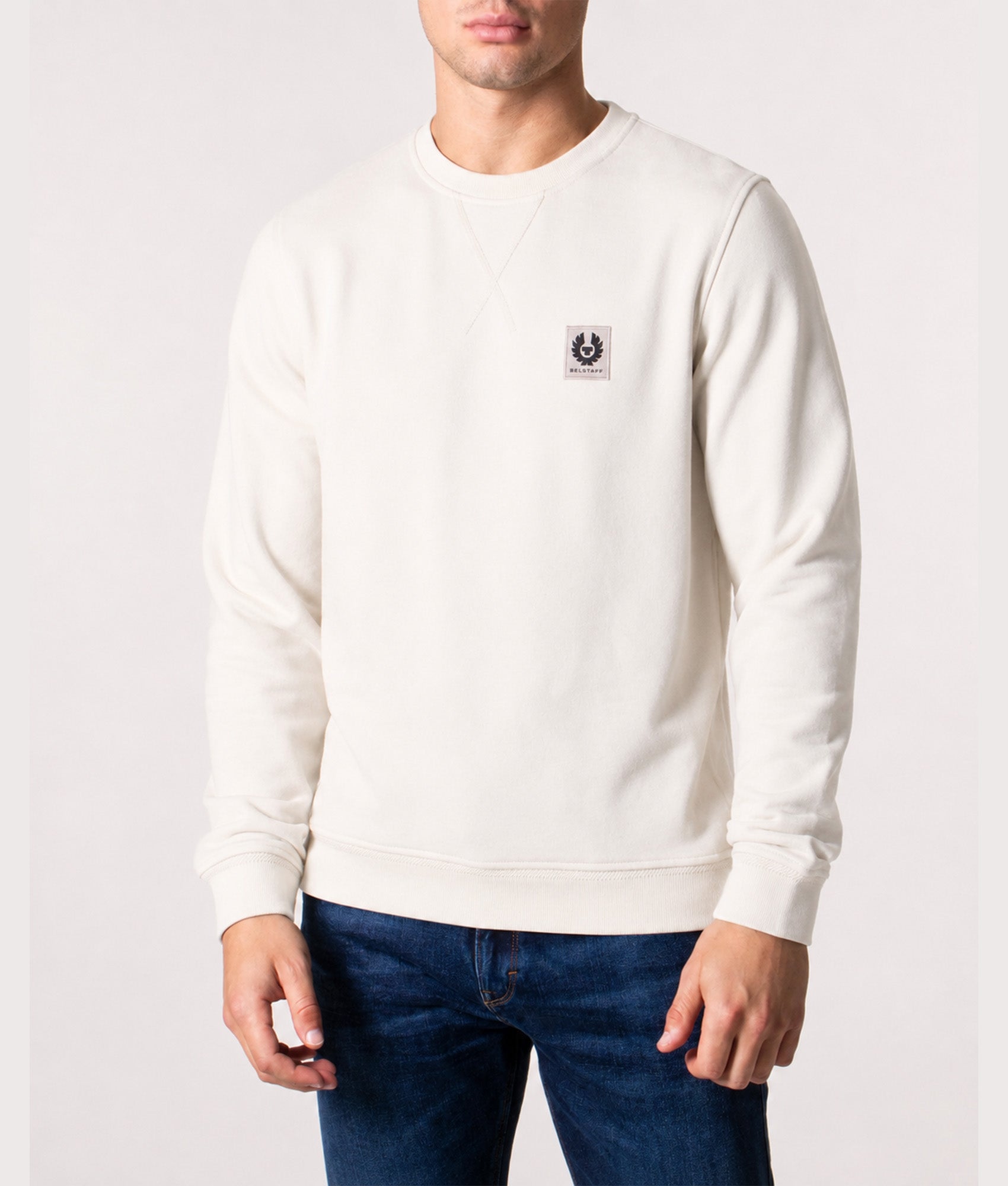 Belstaff Sweatshirt in Silver Birch at EQVVS Menswear. Model front shot.
