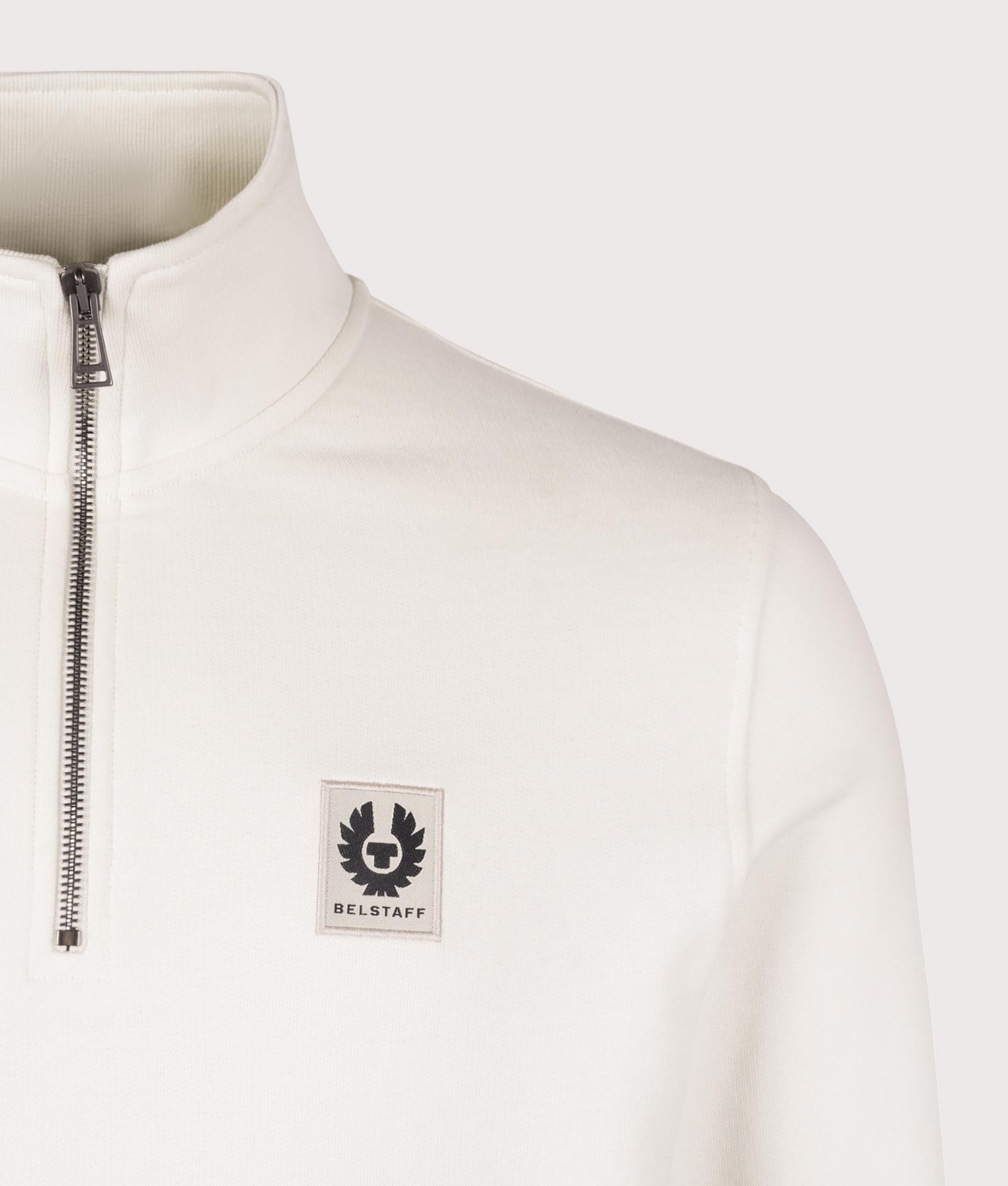 Belstaff Quarter Zip Sweatshirt in Silver Birch at EQVVS Menswear. Detail shot.
