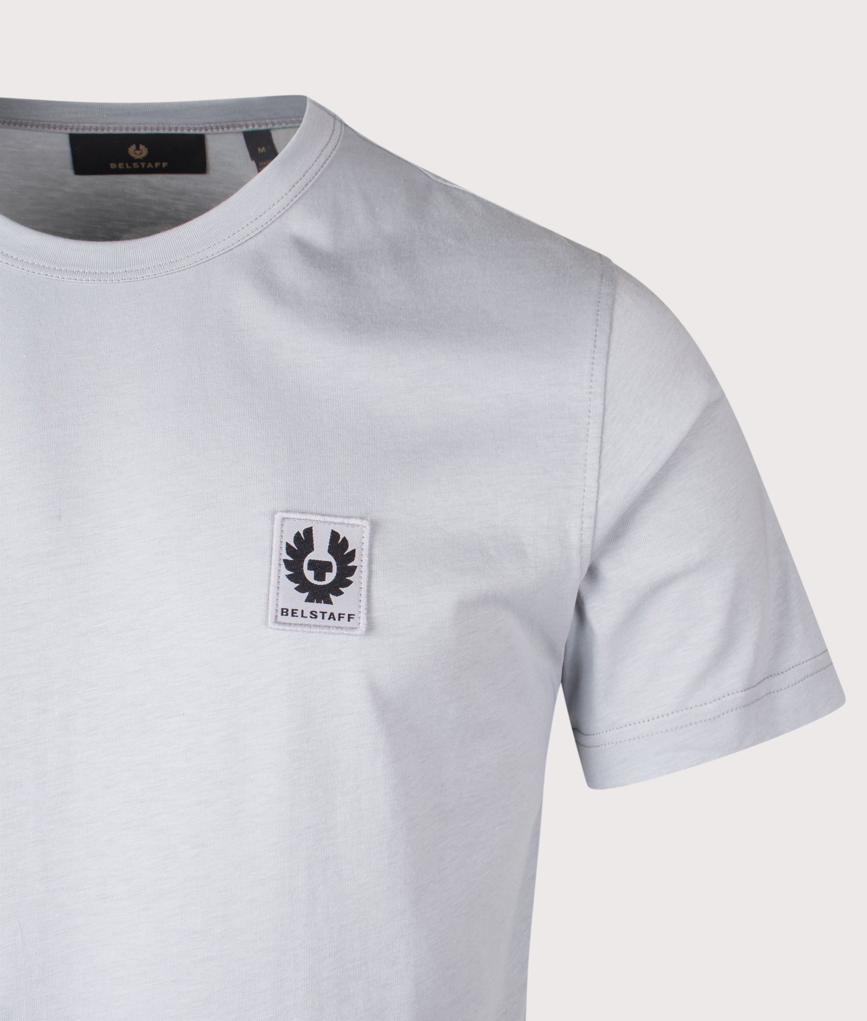 Belstaff T-Shirt in Quarry Blue at EQVVS Menswear. Detail shot.