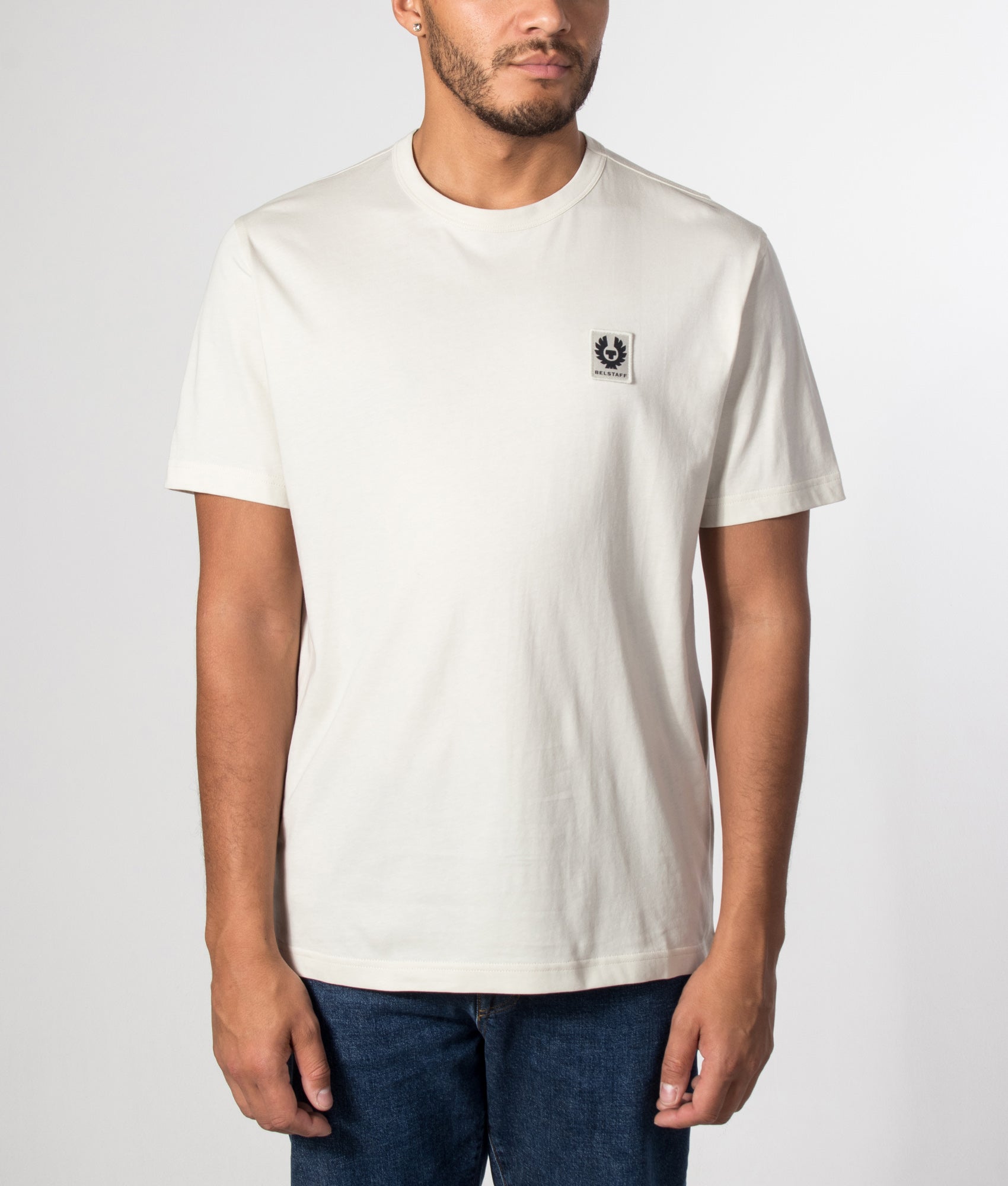 Belstaff Regular Fit Belstaff T-Shirt in  Silver Birch at EQVVS Menswear. Model front shot.