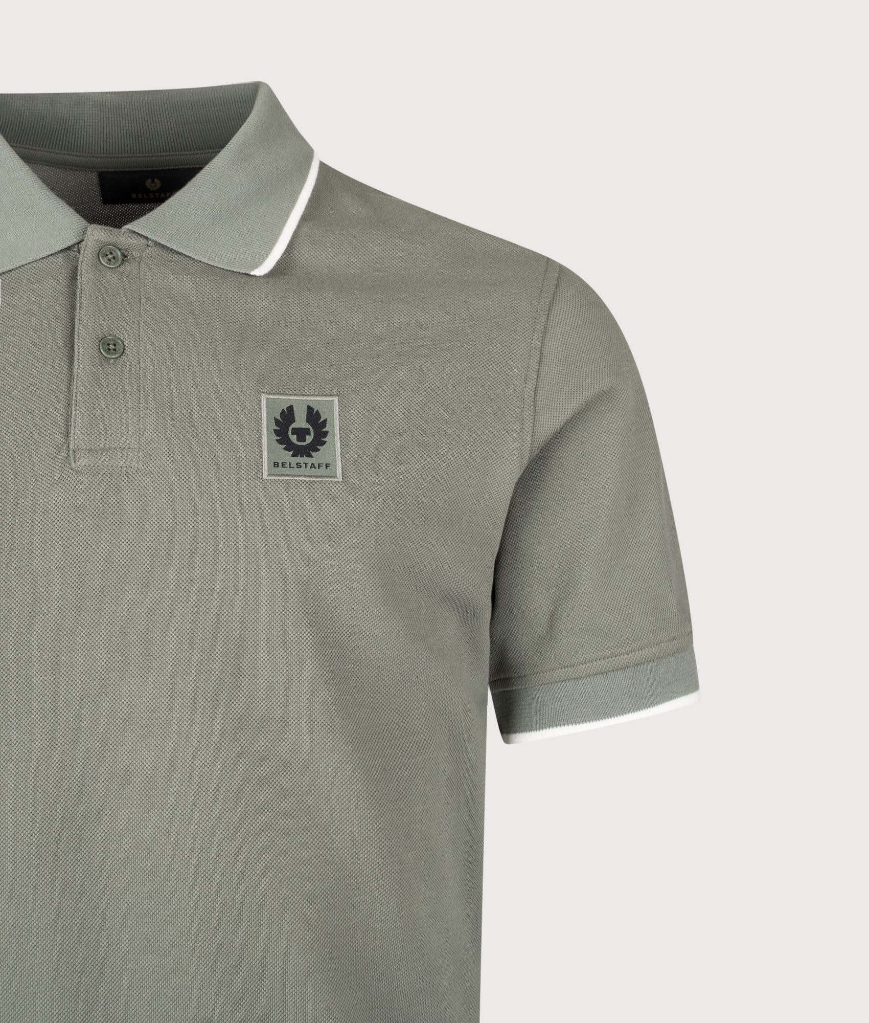Tipped Polo Shirt in Sage Green | 100% Cotton | Belstaff | EQVVS | Front detail shot 