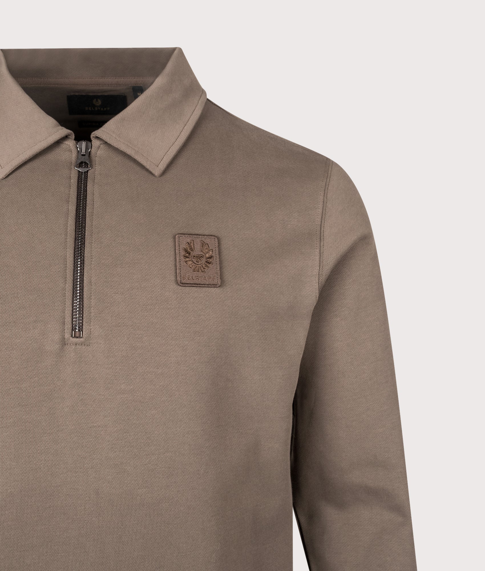 Curator Collared Sweatshirt in Major Brown | Supima Cotton Blend | Belstaff | EQVVS | Front detail shot 