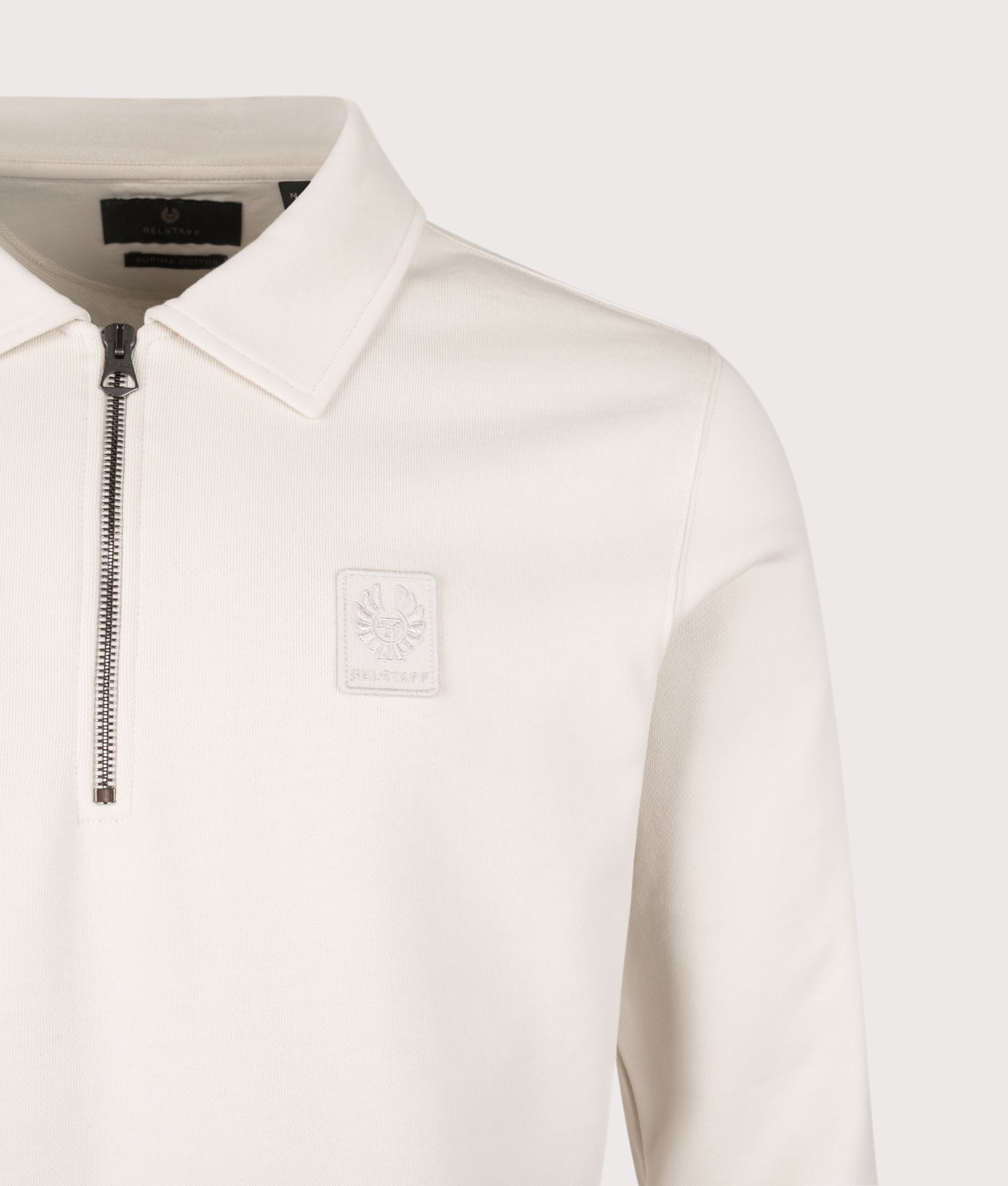 Curator Collared Quarter Zip Sweatshirt in Silver Birch | Belstaff | EQVVS | Front detail shot 