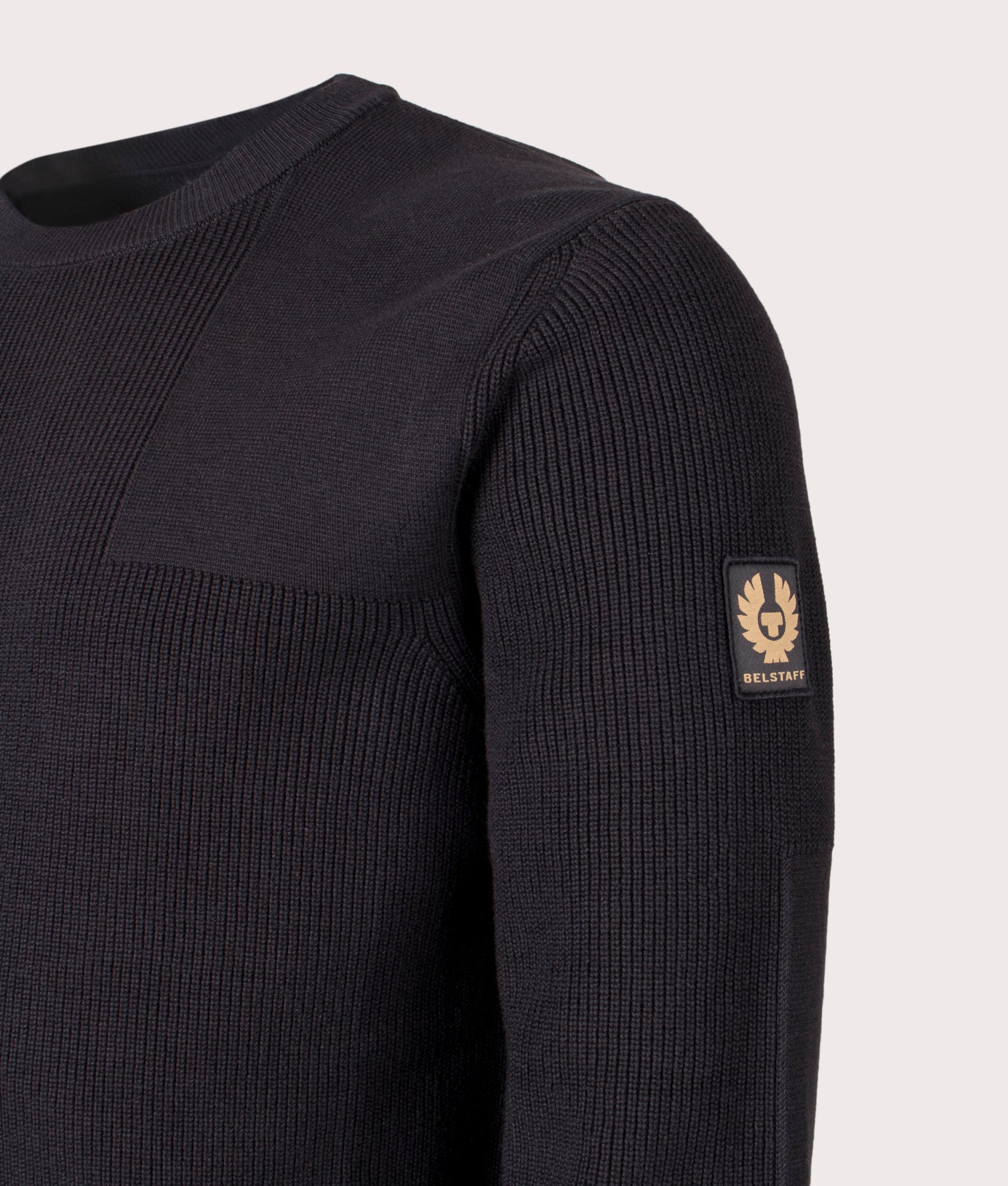 Commander Crewneck Jumper in Black. 100% Cotton  | Belstaff | Shot at EQVVS | Angle detail shot 