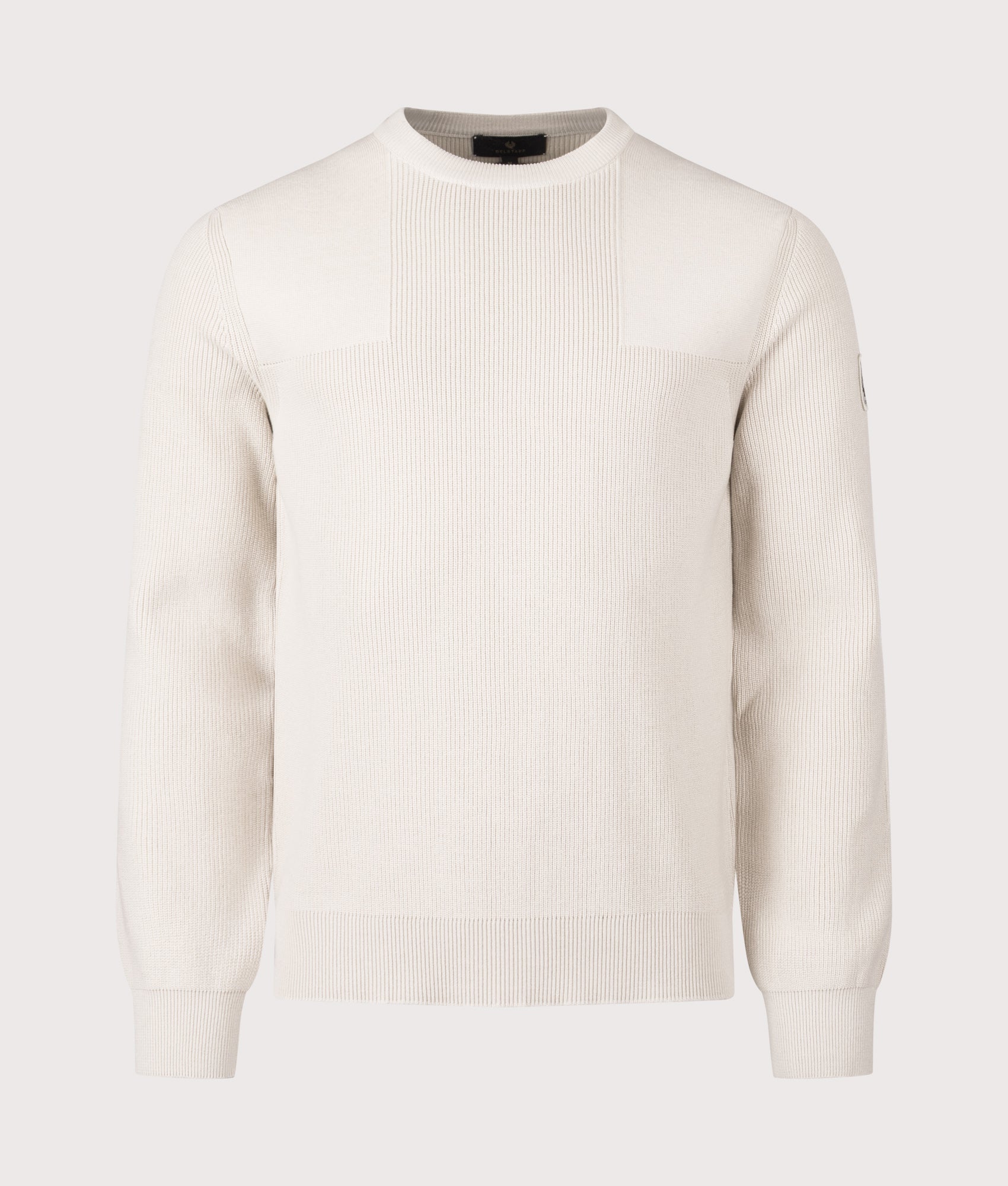 Belstaff Commander Crewneck Jumper in Silver Birch at EQVVS Menswear. Front shot.