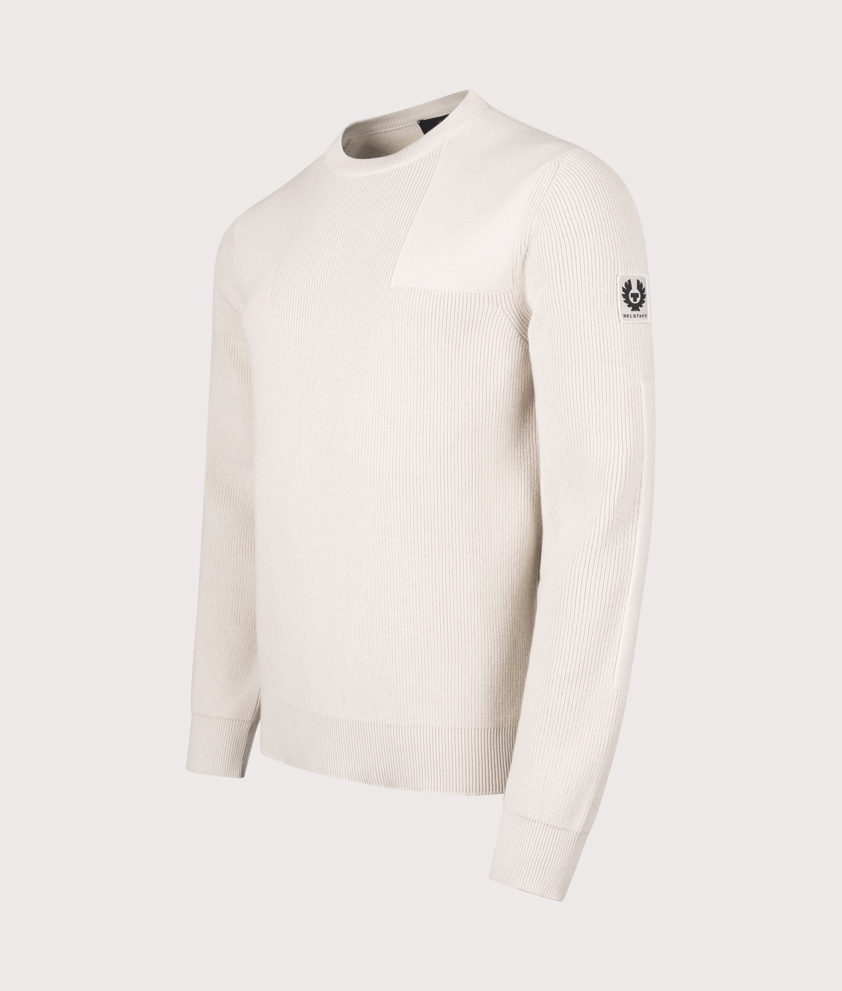 Belstaff Commander Crewneck Jumper in Silver Birch at EQVVS Menswear. Angled front shot.