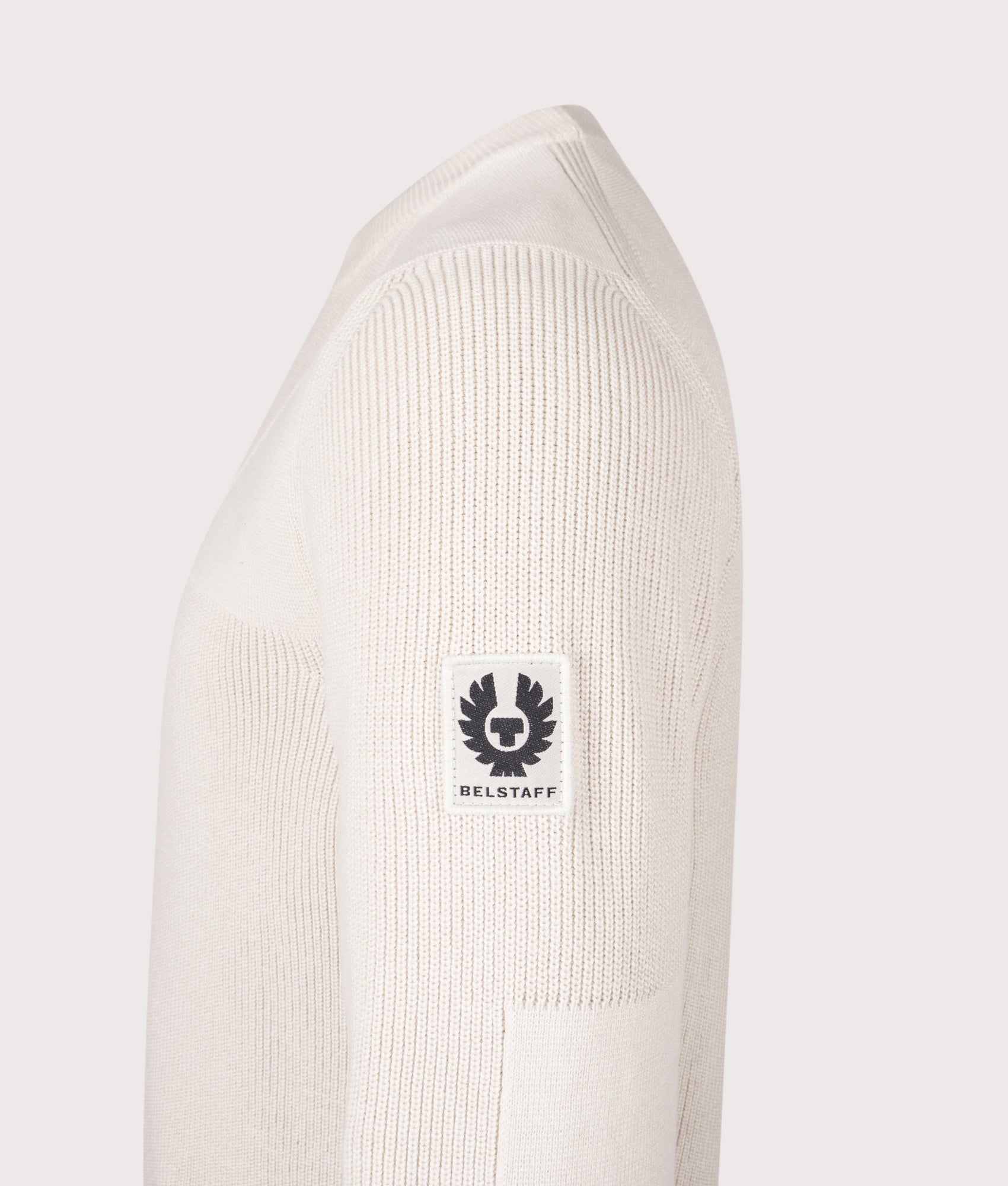 Belstaff Commander Crewneck Jumper in Silver Birch at EQVVS Menswear. Side detail shot.