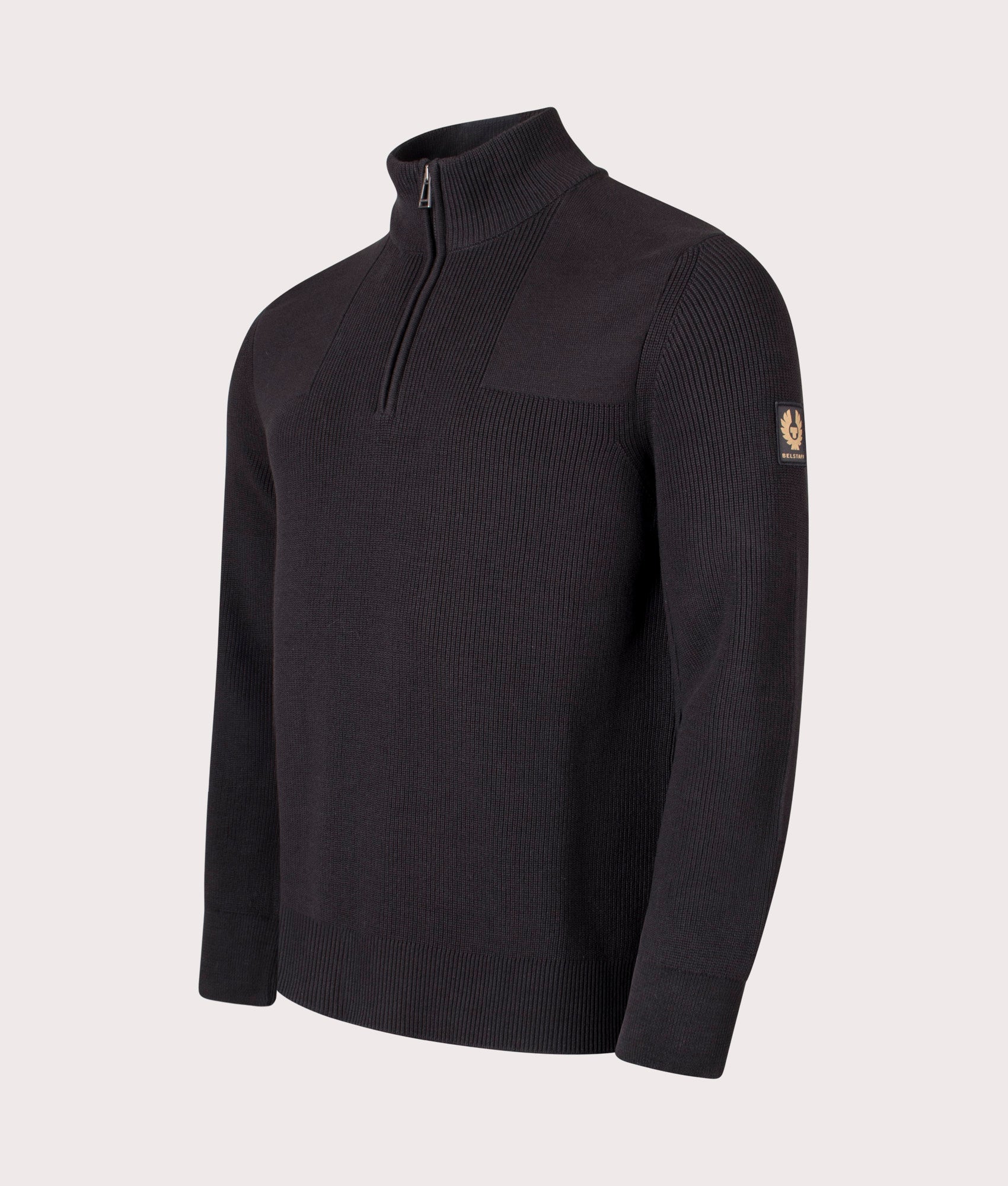 Commander Quarter Zip Jumper in Black. 100% Cotton  | Belstaff | Shot at EQVVS | Front angle shot 