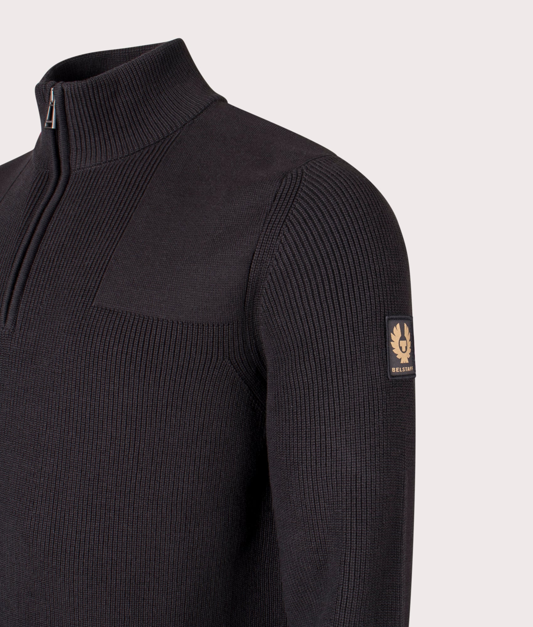 Commander Quarter Zip Jumper in Black. 100% Cotton  | Belstaff | Shot at EQVVS | Angle detail shot 
