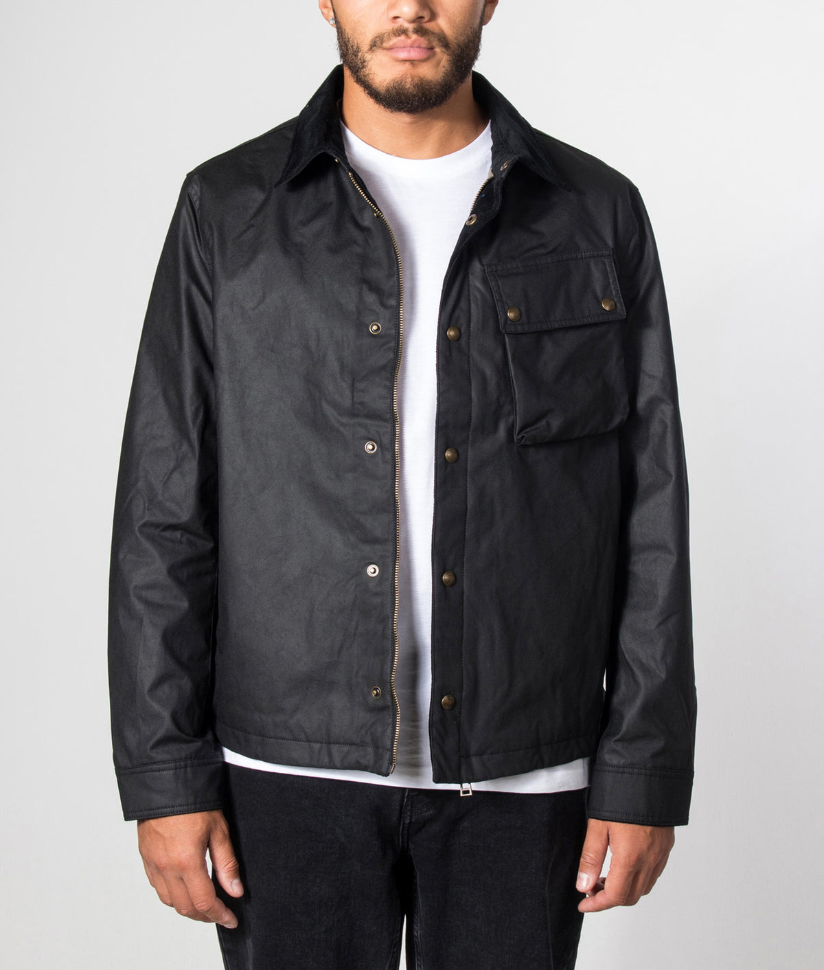 Belstaff Regular Fit Ground Jacket in Black at EQVVS Menswear. Model front shot.