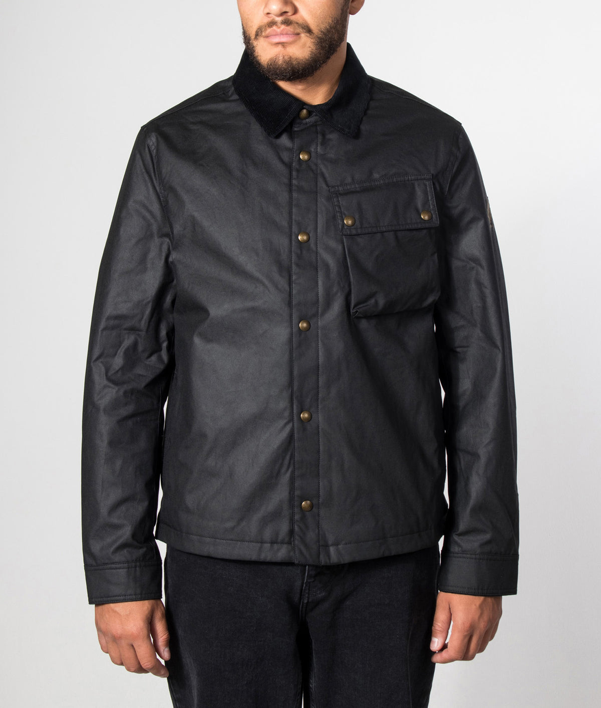 Belstaff Regular Fit Ground Jacket in Black at EQVVS Menswear. Model front shot.