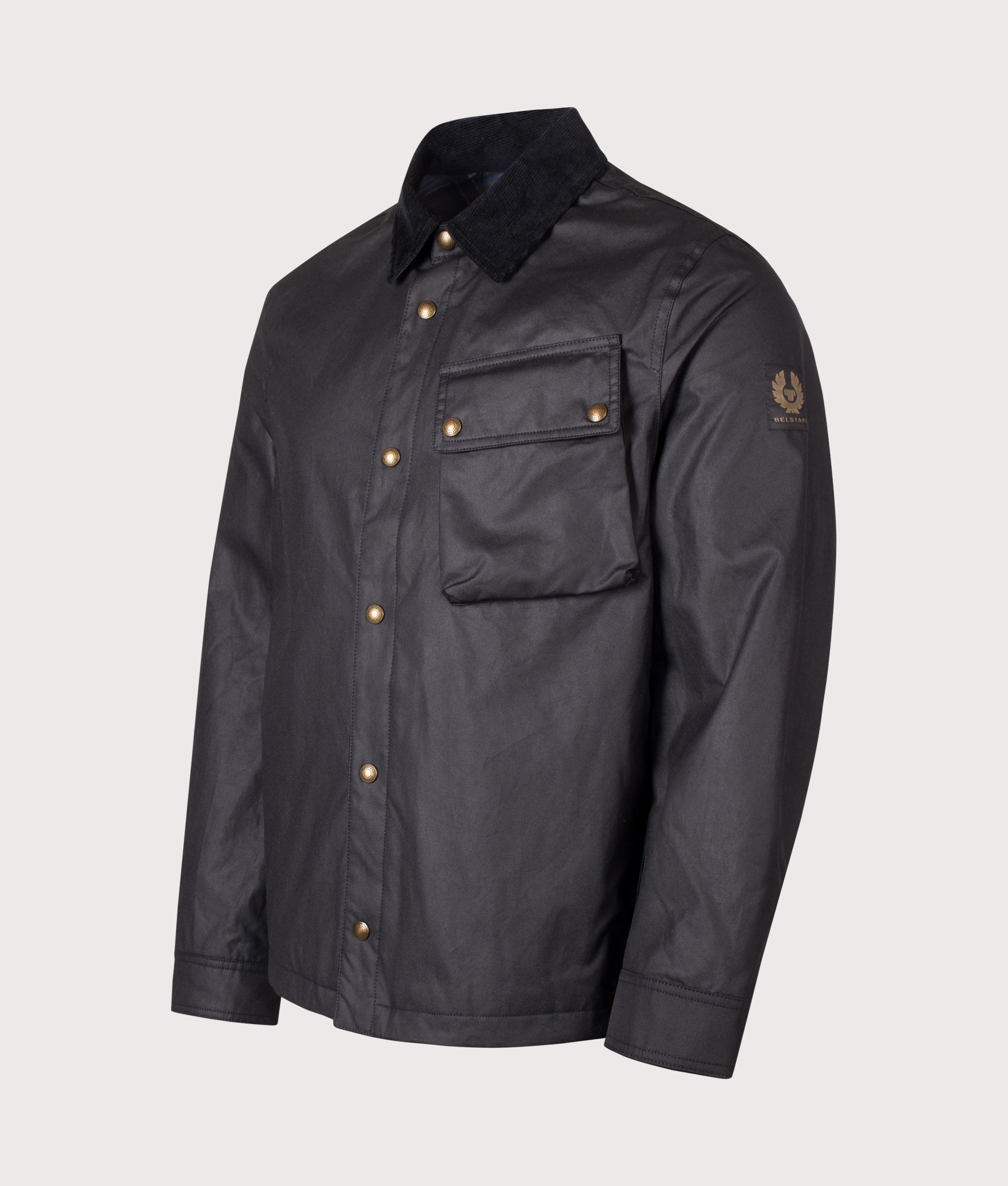 Belstaff Regular Fit Ground Jacket in Black at EQVVS Menswear. Angled front shot.