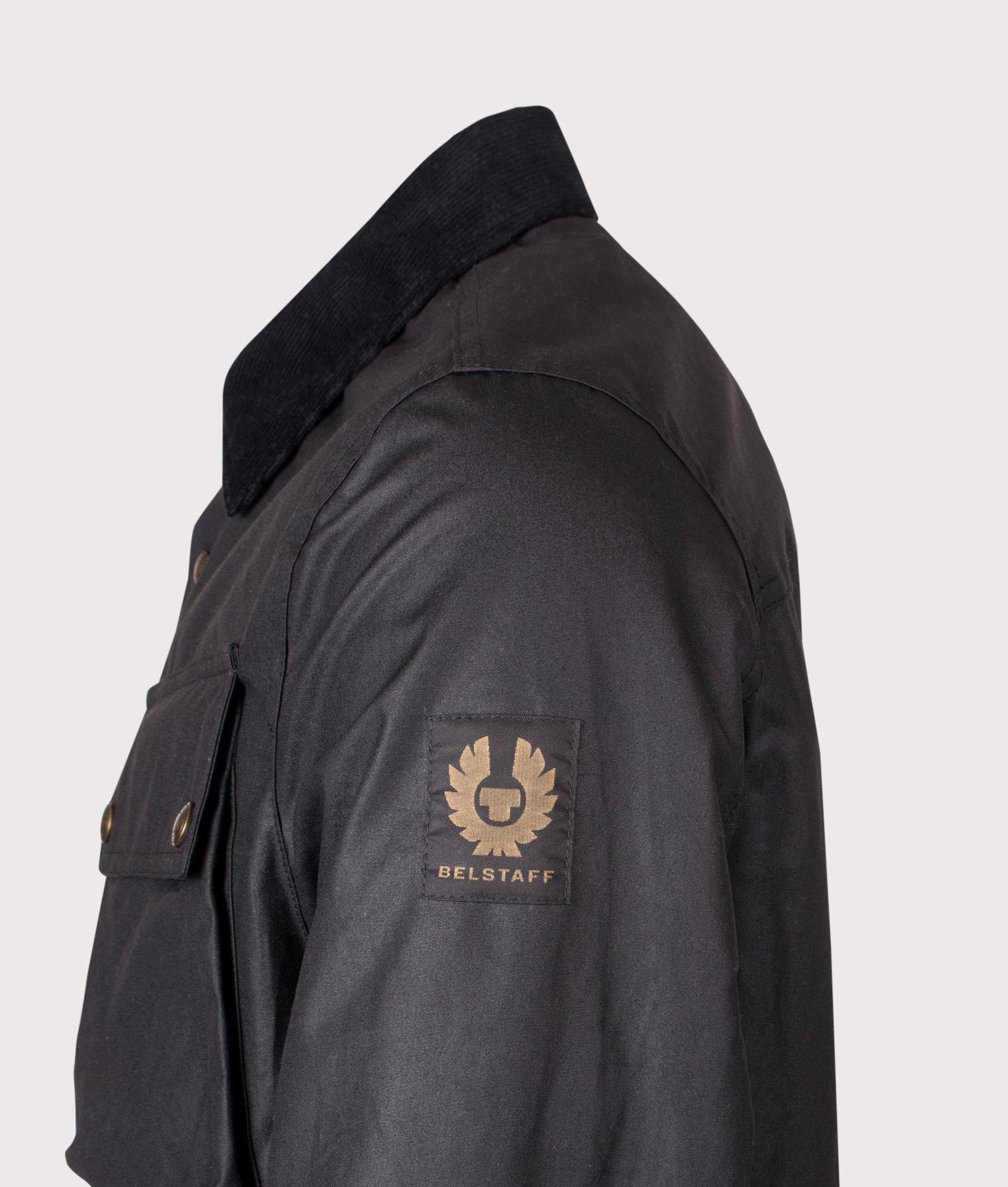 Belstaff Regular Fit Ground Jacket in Black at EQVVS Menswear. Detail shot.